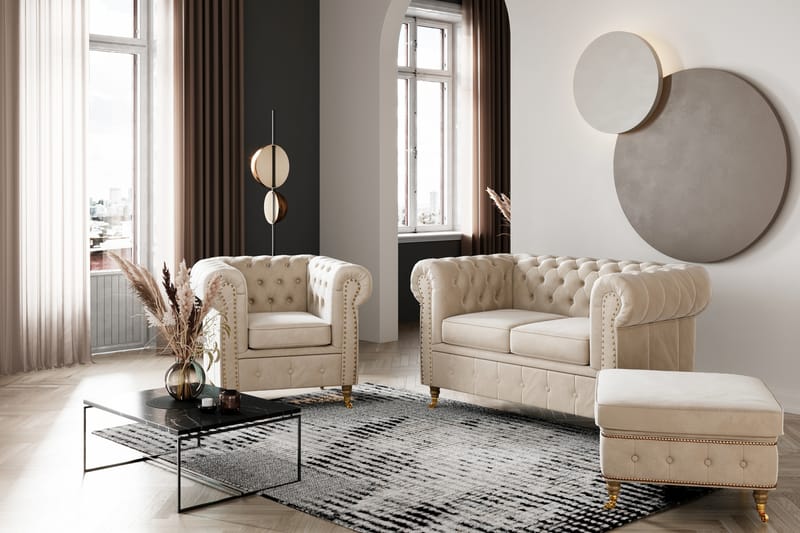 Sammetsfåtölj Chester Deluxe - Beige - Möbler - Fåtölj & stolar - Fåtölj - Chesterfield fåtölj