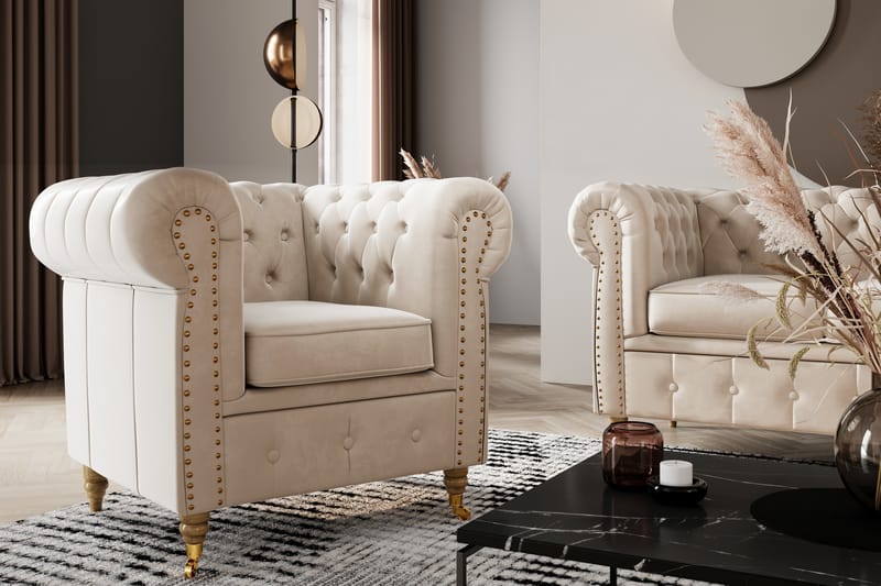 Sammetsfåtölj Chester Deluxe - Beige - Möbler - Fåtölj & stolar - Fåtölj - Chesterfield fåtölj