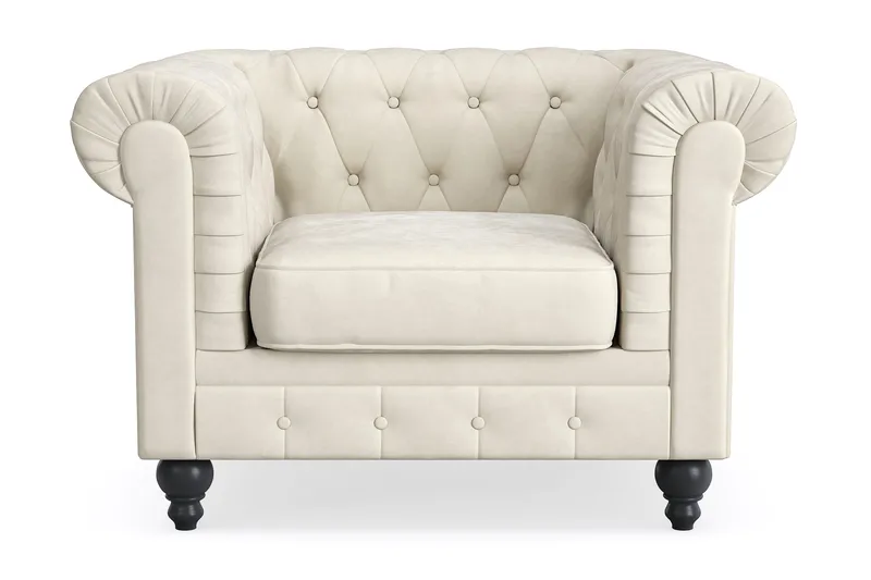 Chesterfield Lyx Stor skön djup sammetsfåtölj - Fåtölj till vardagsrum, Beige Sammet