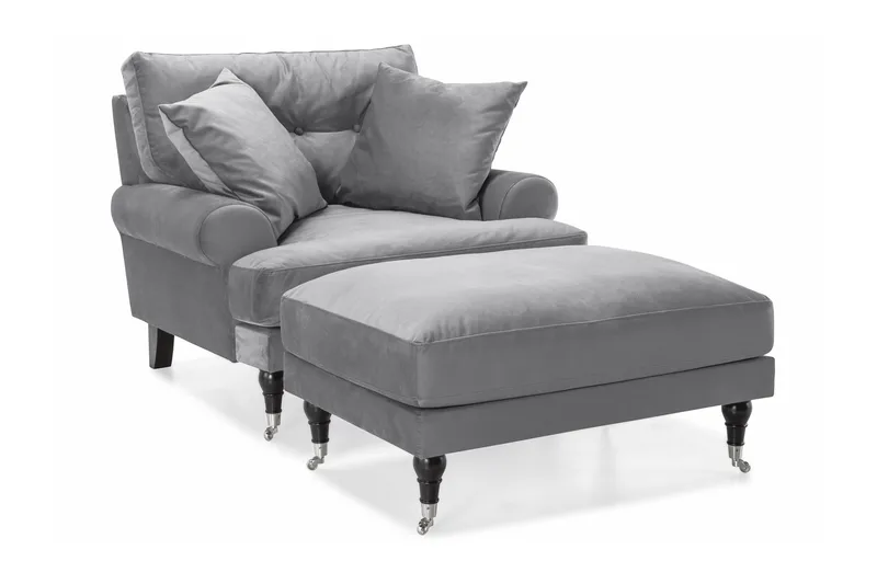 Andrew Fåtölj med Fotpall Sammet, Silvergrå/Krom