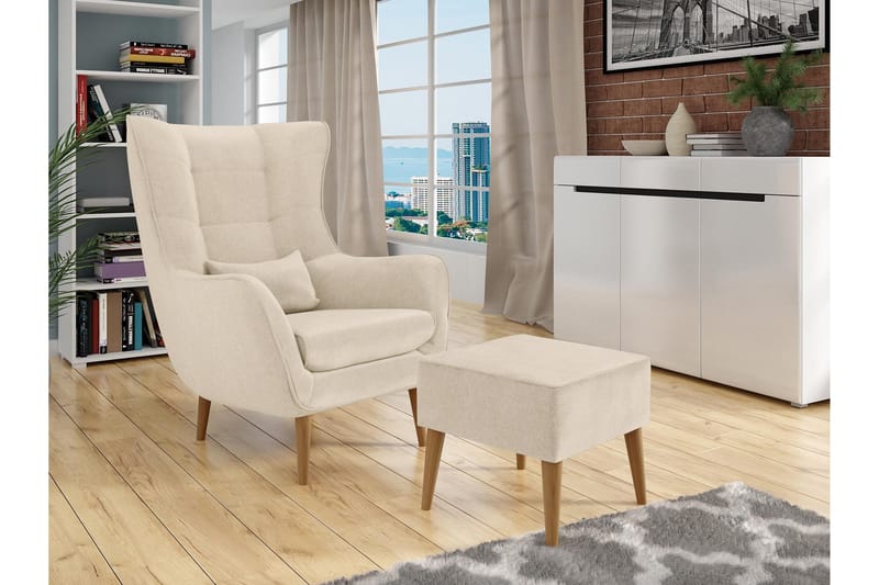 Gabi Oval Fåtölj i Tyg med Träben - Beige - Möbler - Fåtölj & stolar - Fåtölj - Sammetsfåtölj