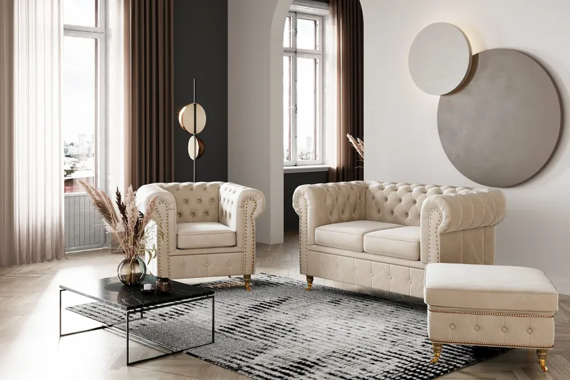 Chesterfield Deluxe Fotpall Sammet - Beige - Möbler - Fåtölj & stolar - Pall & puff - Fotpallar