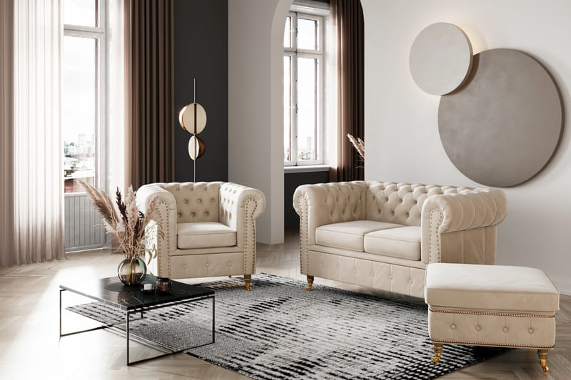 Fotpall Chester Deluxe Sammet - Beige - Möbler - Fåtölj & stolar - Pall & puff - Fotpallar