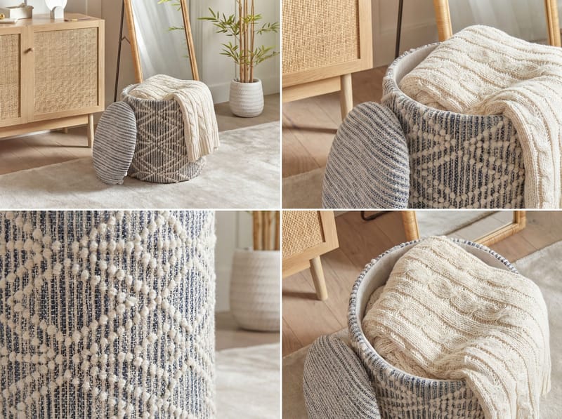 Veron Rund sittpuff med förvaring i ulltyg - grå och gräddfärgad - Möbler - Fåtölj & stolar - Pall & puff - Sittpuff