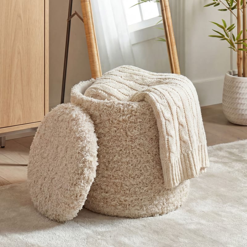 Veron Rund sittpuff med förvaring i ulltyg - ljusbeige - Möbler - Fåtölj & stolar - Pall & puff - Sittpuff