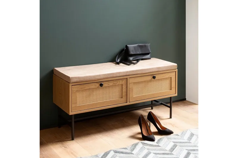 Bänk Wohnling Tygklädd sittplats med 2 rottingliknande lådor i ekdekor - Möbler - Fåtölj & stolar - Sittbänk