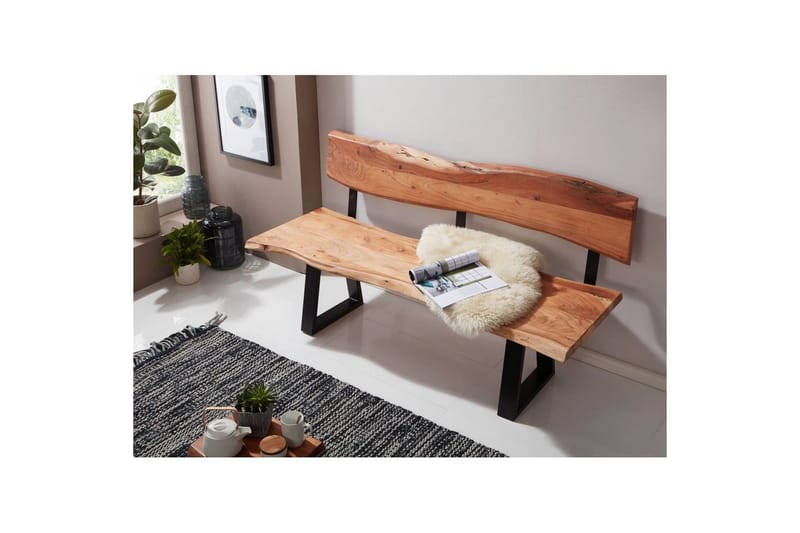 Matbänk Wohnling Köksbänk i massivt trä med trädets kant med metallben, lantlig stil Med ryggstöd, 160 cm - Med ryggstöd, 160 cm - Möbler - Fåtölj & stolar - Sittbänk - Bänk med ryggstöd