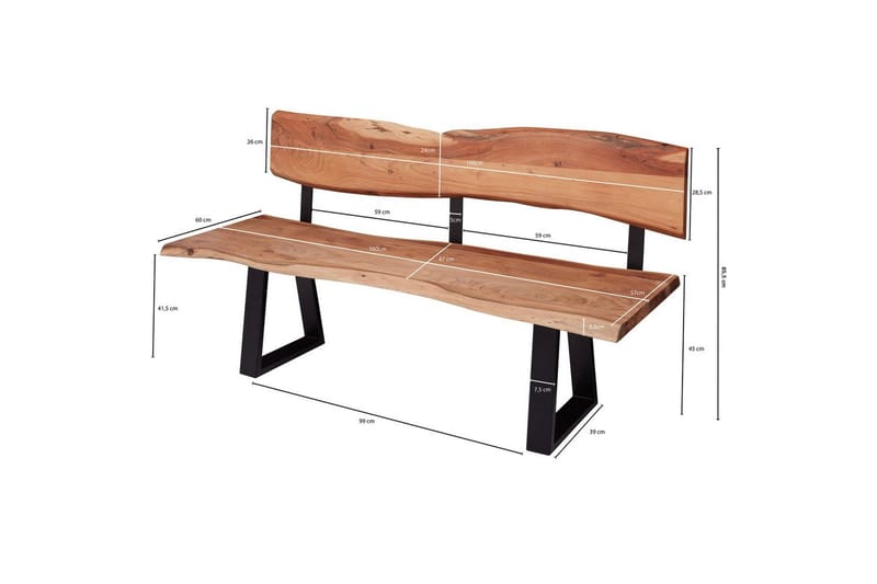 Matbänk Wohnling Köksbänk i massivt trä med trädets kant med metallben, lantlig stil Med ryggstöd, 160 cm - Med ryggstöd, 160 cm - Möbler - Bord & matgrupp - Matbord & köksbord