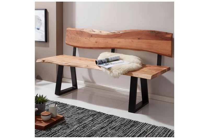 Matbänk Wohnling Köksbänk i massivt trä med trädets kant med metallben, lantlig stil Med ryggstöd, 160 cm - Med ryggstöd, 160 cm - Möbler - Fåtölj & stolar - Sittbänk - Bänk med ryggstöd