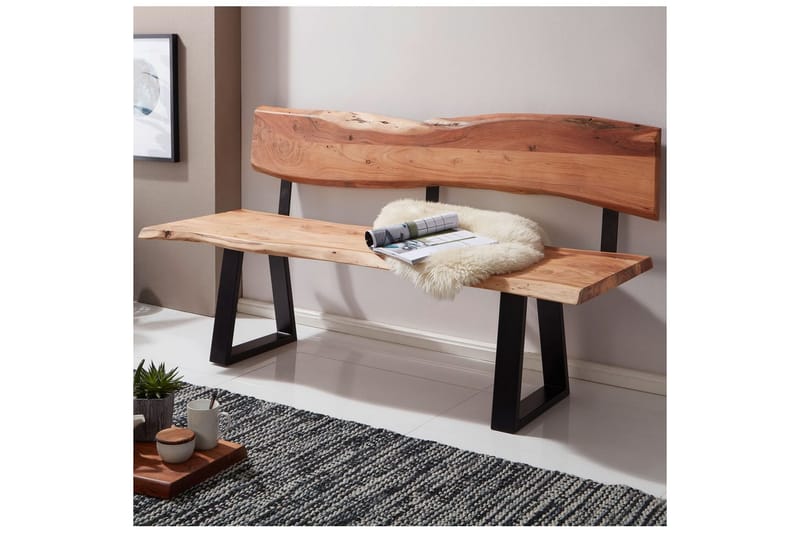 Matbänk Wohnling Köksbänk i massivt trä med trädets kant med metallben, lantlig stil Med ryggstöd, 180 cm - Med ryggstöd, 180 cm - Möbler - Bord & matgrupp - Matbord & köksbord