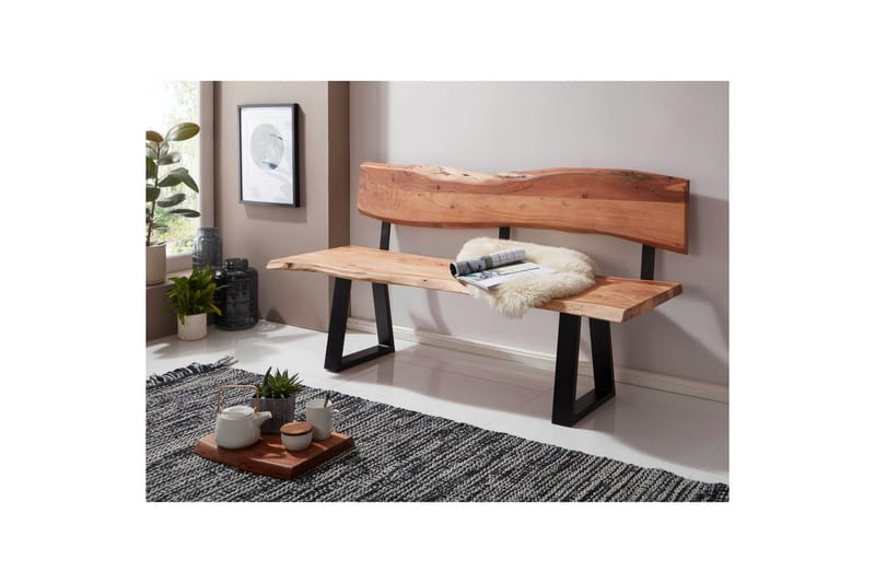 Matbänk Wohnling Köksbänk i massivt trä med trädets kant med metallben, lantlig stil Med ryggstöd, 180 cm - Med ryggstöd, 180 cm - Möbler - Bord & matgrupp - Matbord & köksbord