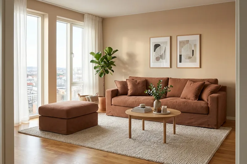 Valencia Extra Djup 3-sits soffa + fotpall med avtagbar och tvättbar klädsel - Rostbrun - Möbler - Soffa