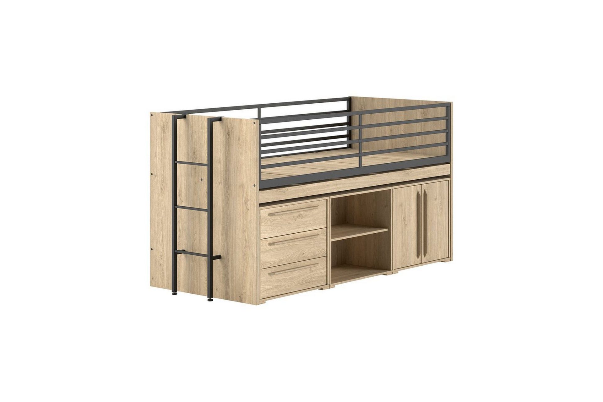 Halvh&ouml;g S&auml;ng med bokhylla, sk&aring;p med 2 d&ouml;rrar och byr&aring; med 3 L&aring;dor Sam Ek - Ek