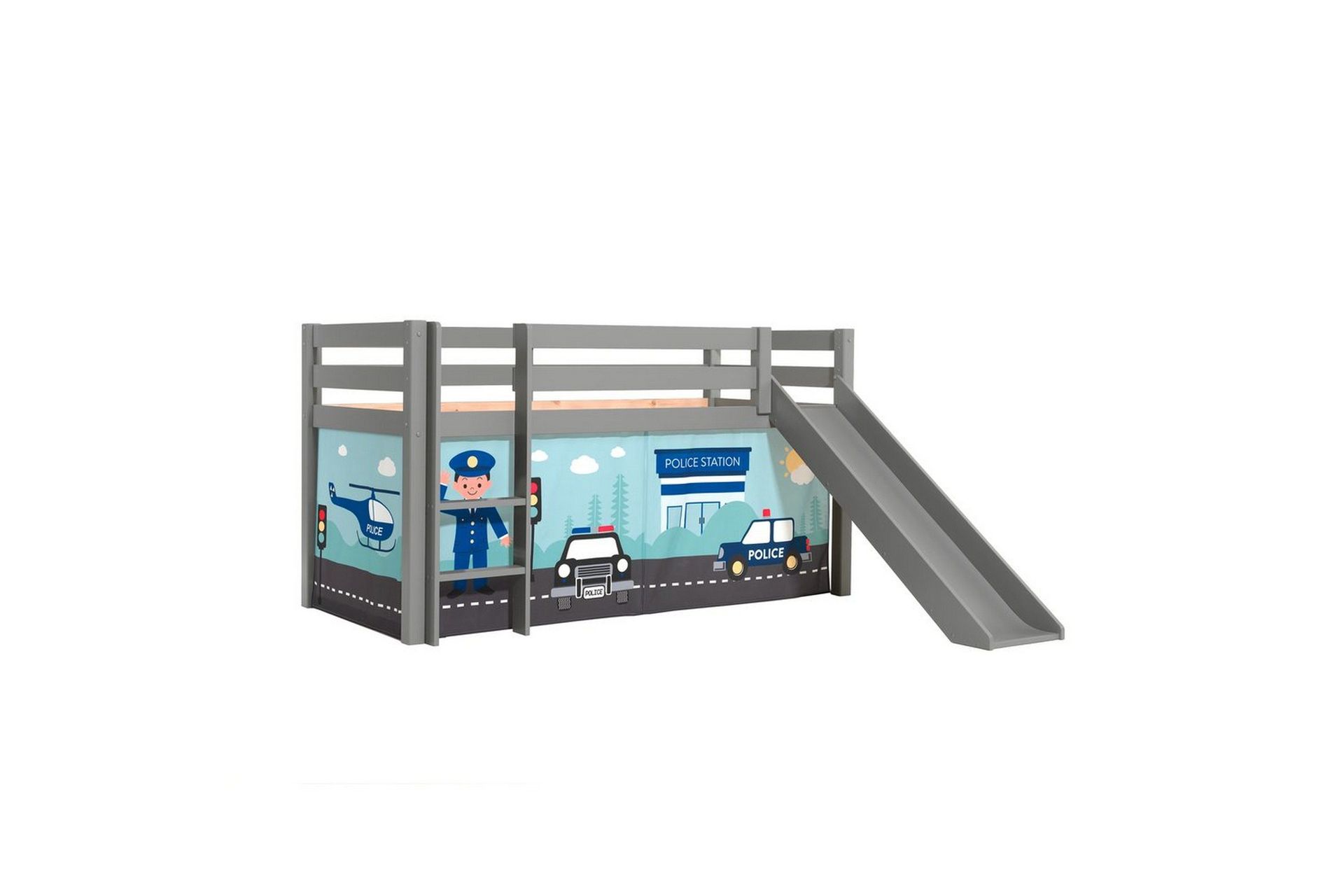 Halvh&ouml;g S&auml;ng med gardin och rutschkana Pino Gr&aring;, Polis - Gr&aring;, Polis