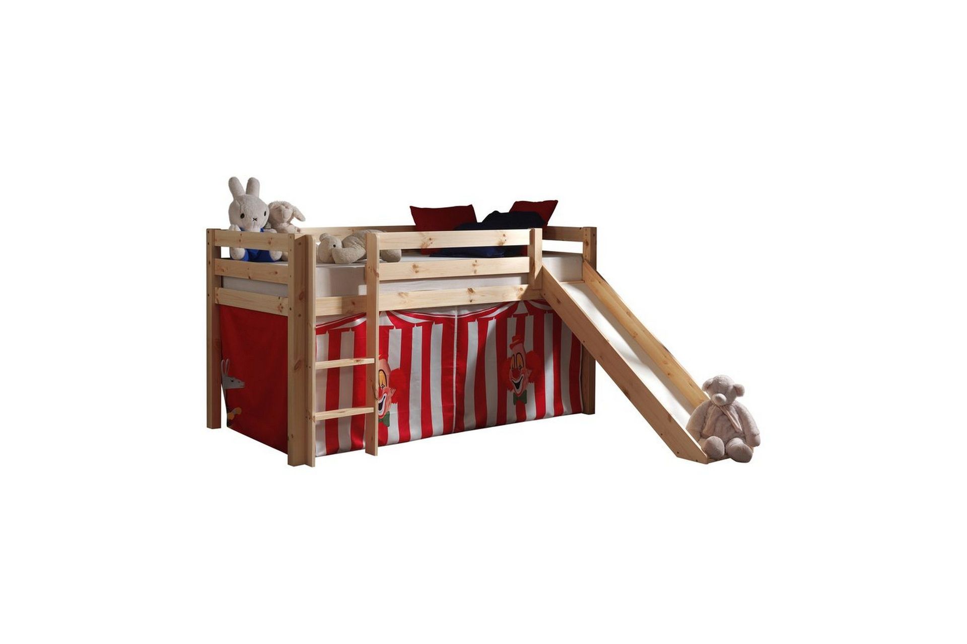 Halvh&ouml;g S&auml;ng med gardin och rutschkana Pino Naturlig, Chucky - Naturlig, Chucky