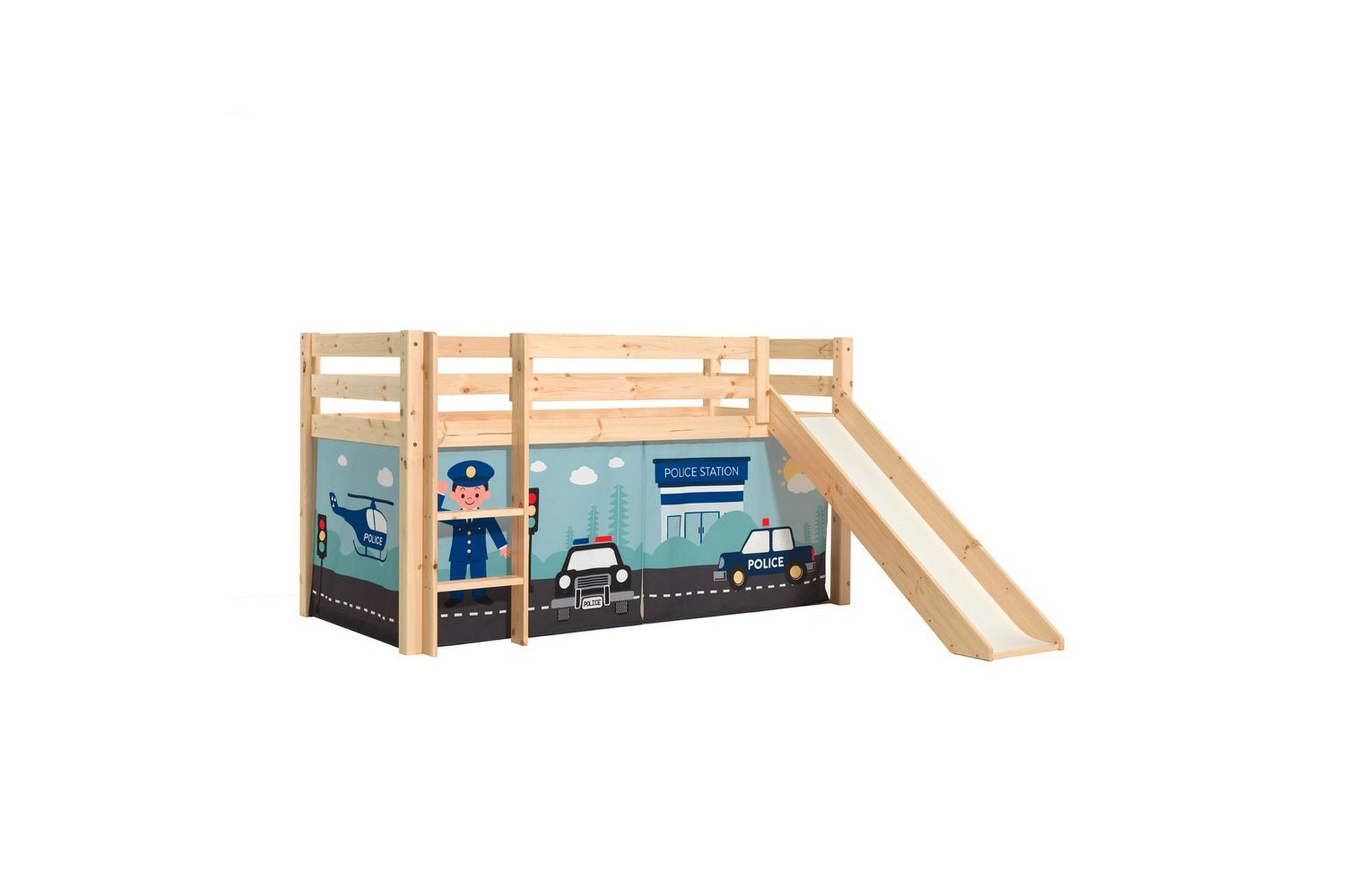 Halvh&ouml;g S&auml;ng med gardin och rutschkana Pino Naturlig, Polis - Naturlig, Polis