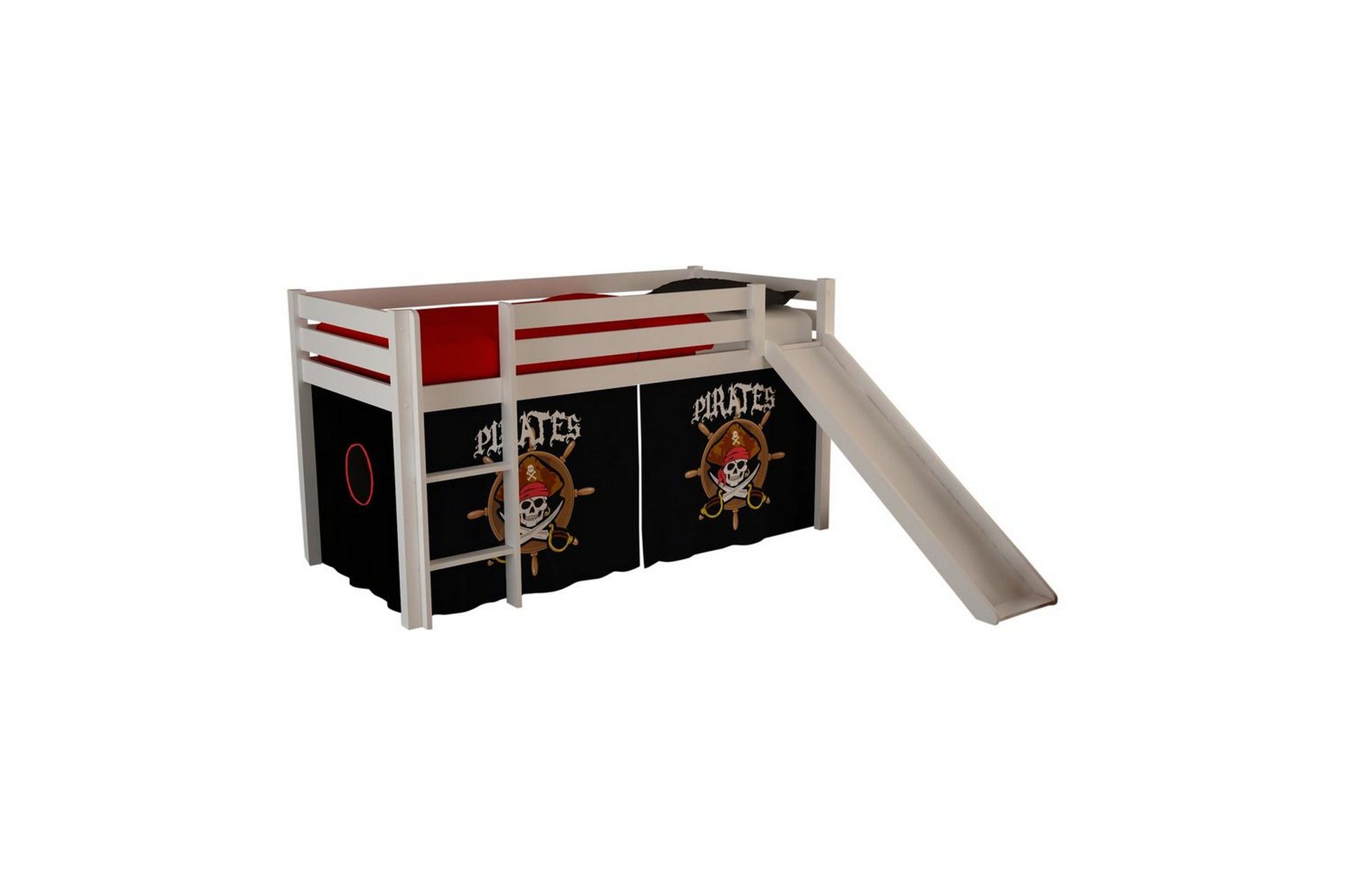 Halvh&ouml;g S&auml;ng med gardin och rutschkana Pino Vit, Pirat - Vit, Pirat