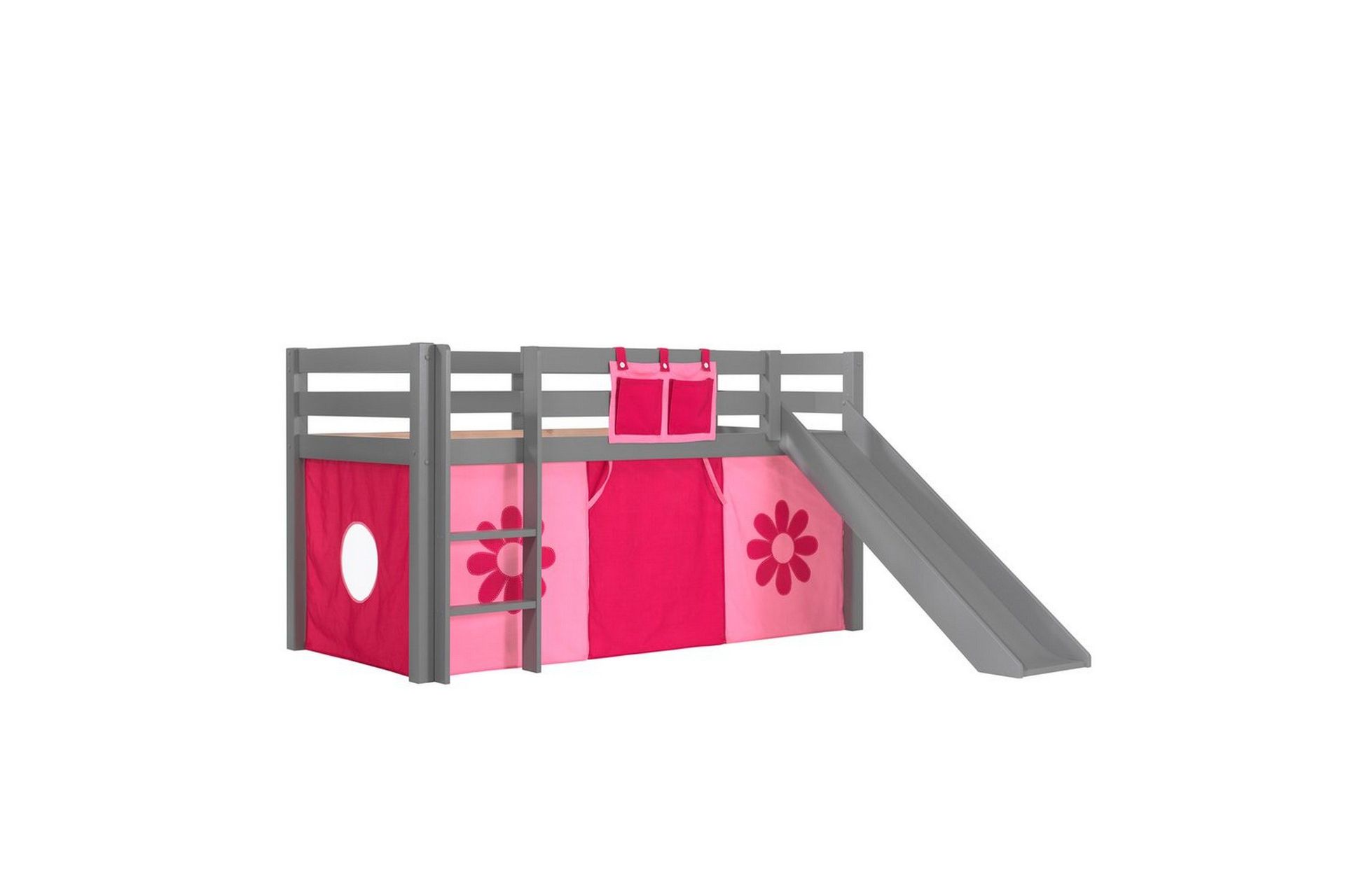 Halvh&ouml;g S&auml;ng med gardin och rutschkana Pino Gr&aring;, Rosa Blomma - Gr&aring;, Rosa Blomma