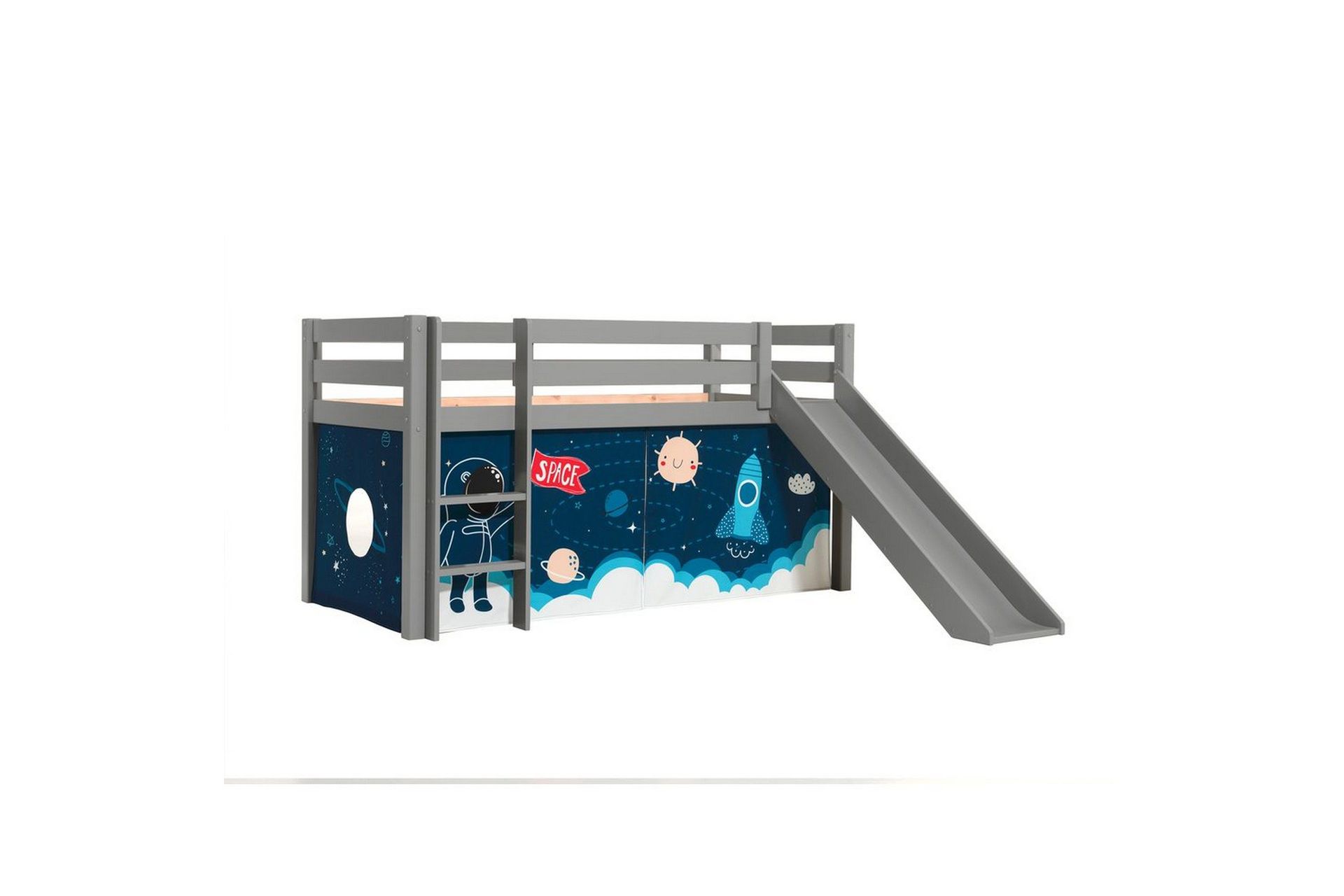 Halvh&ouml;g S&auml;ng med gardin och rutschkana Pino Gr&aring;, Rymdf&auml;rja - Gr&aring;, Rymdf&auml;rja