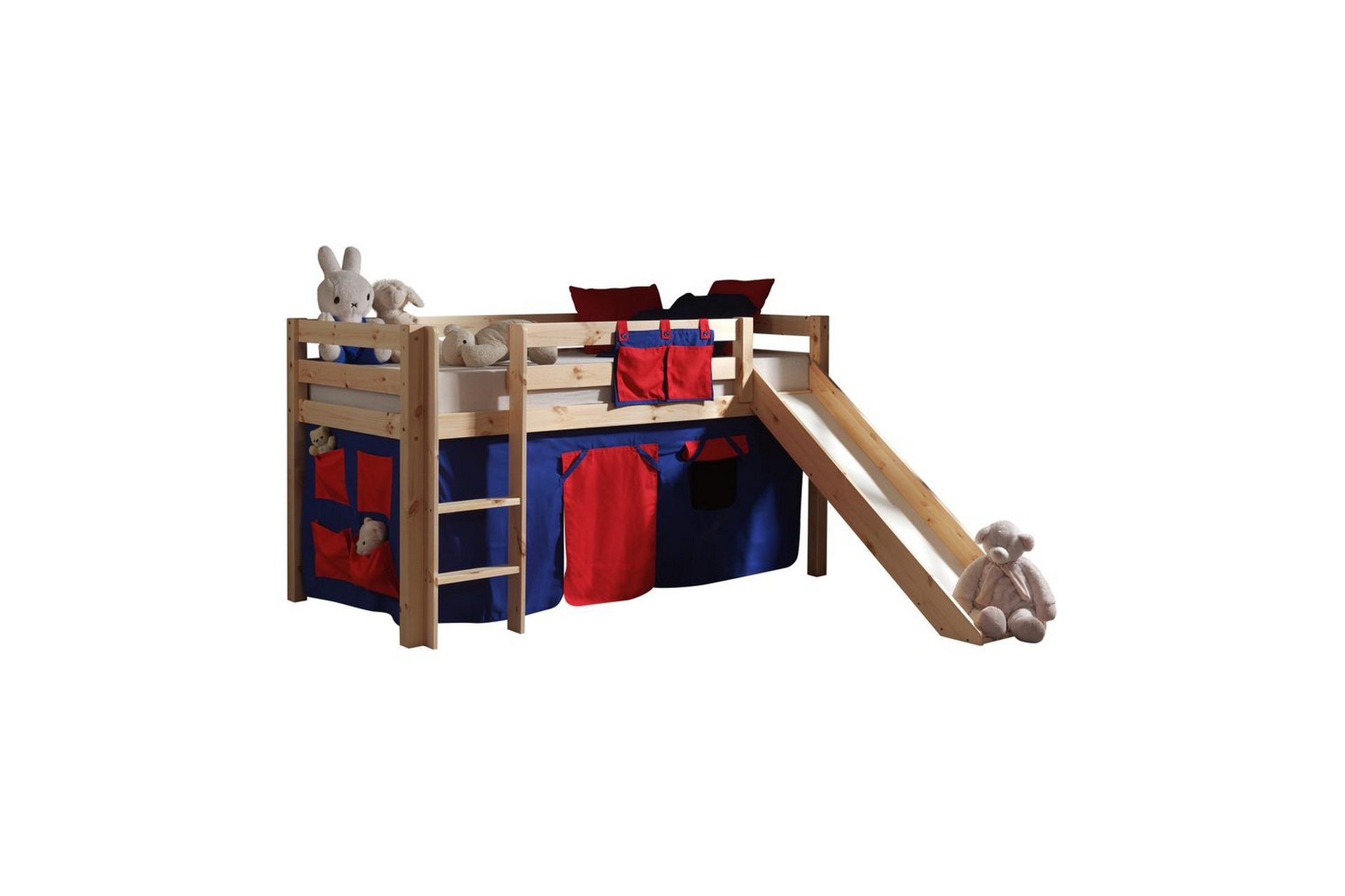 Halvh&ouml;g S&auml;ng med gardin och rutschkana Pino Naturlig, Domino - Naturlig, Domino