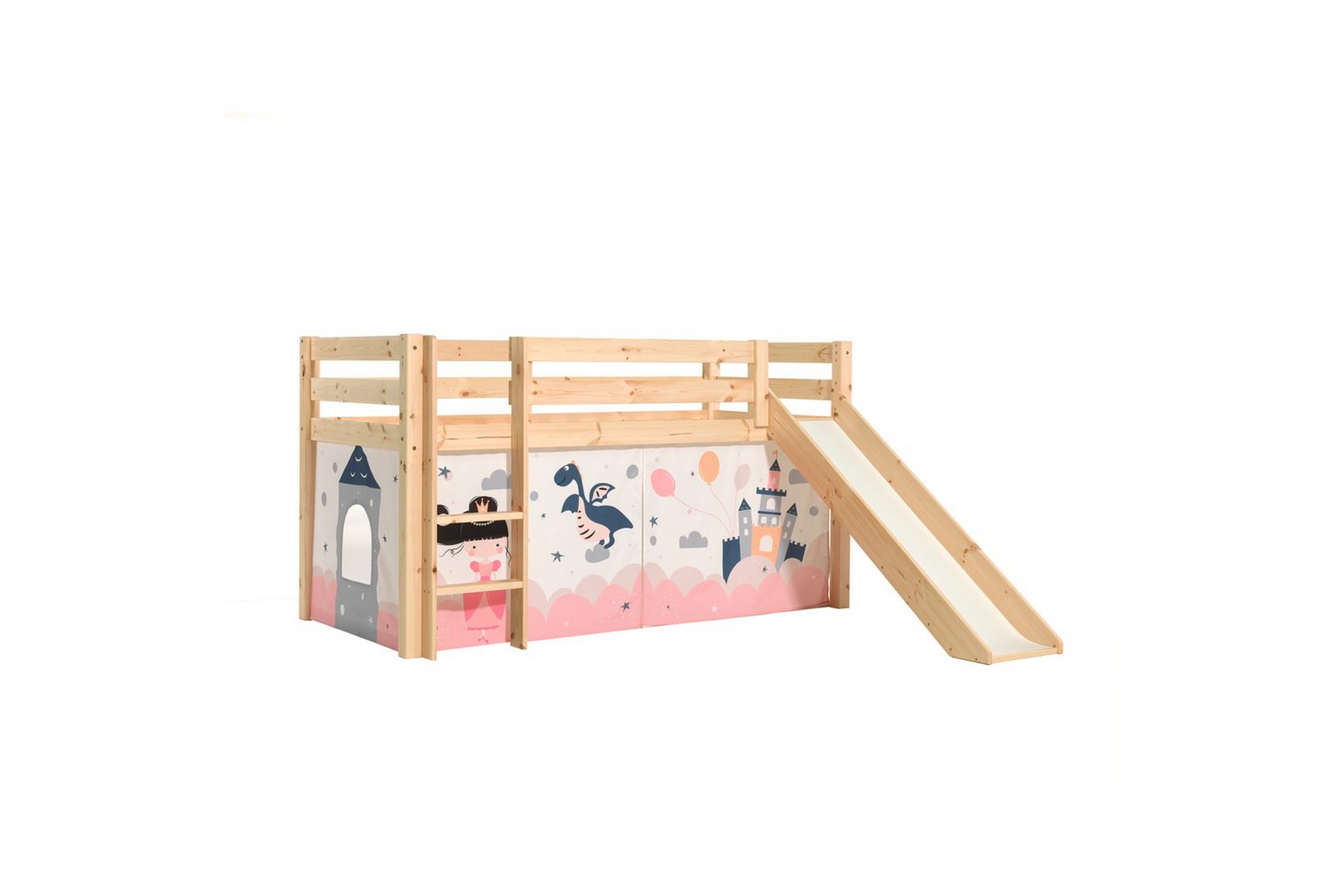 halvhög säng med gardin och rutschkana pino naturlig, prinsessa sophie - naturlig, prinsessa sophie