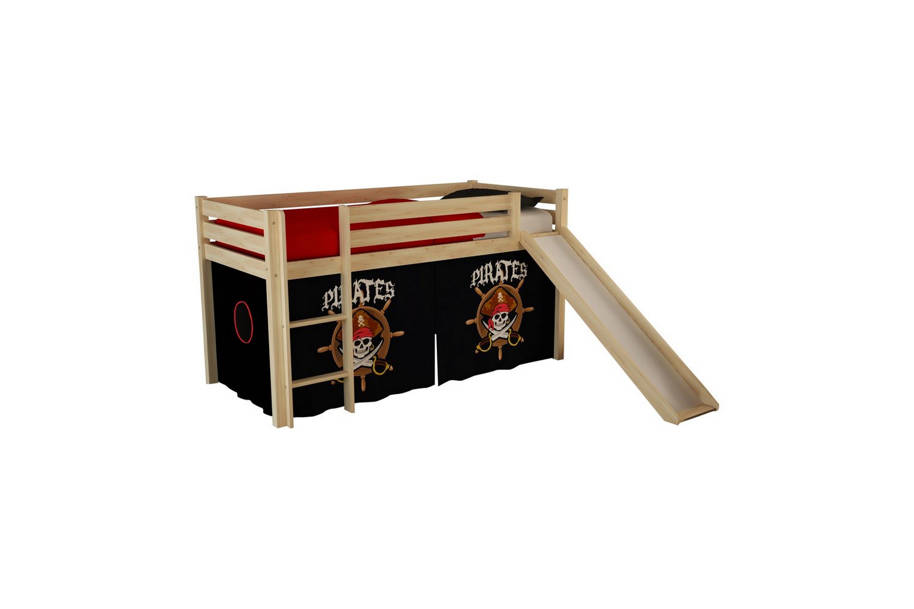 halvhög säng med gardin och rutschkana pino naturlig, pirat - naturlig, pirat