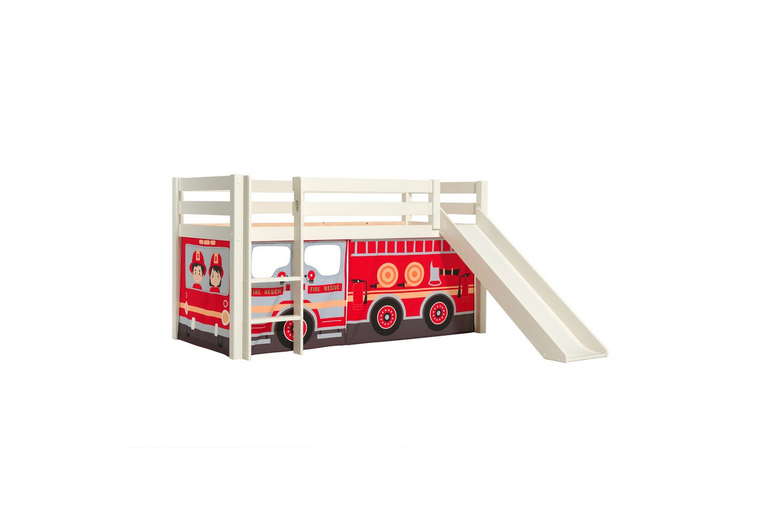 halvhög säng med gardin och rutschkana pino vit, brandbil - vit, brandbil