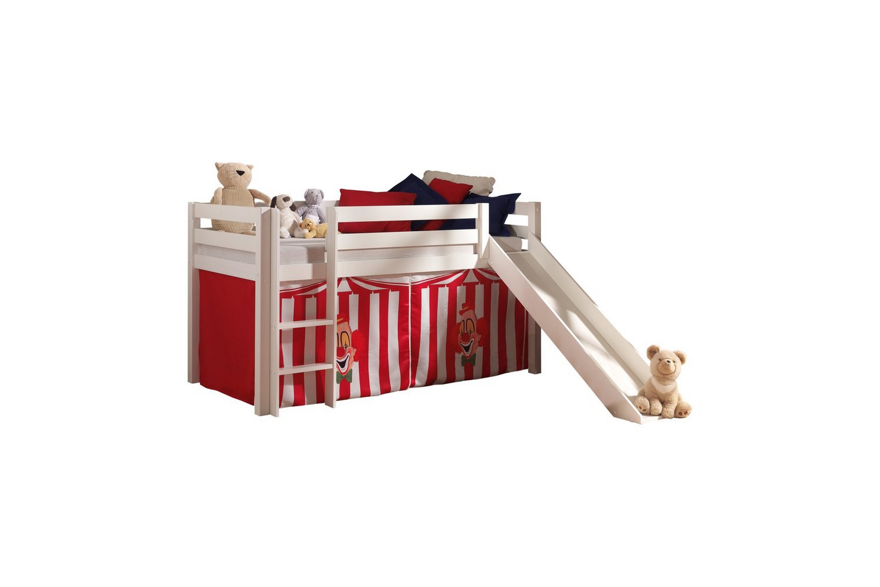 halvhög säng med gardin och rutschkana pino vit, chucky - vit, chucky