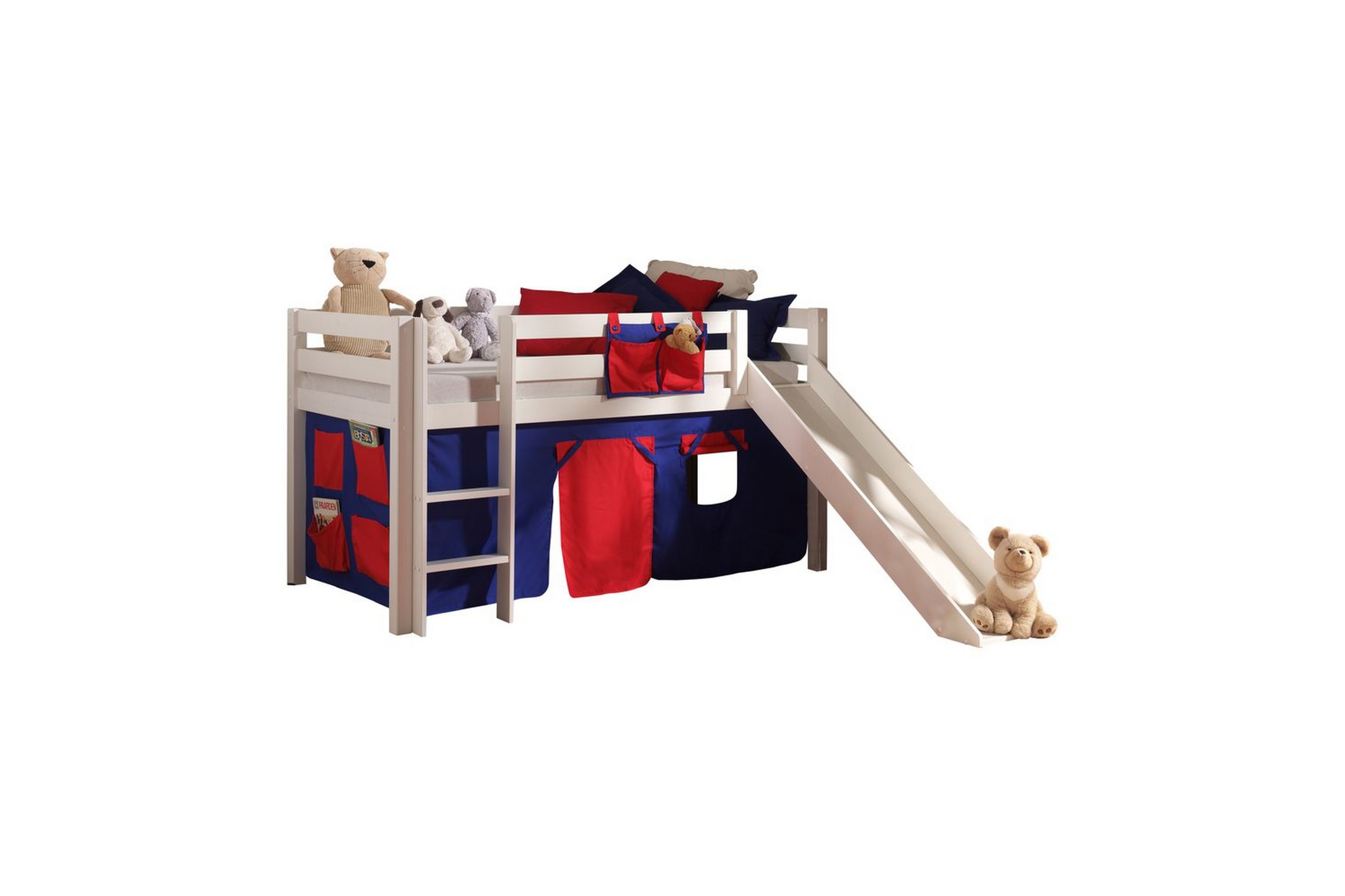 halvhög säng med gardin och rutschkana pino vit, domino - vit, domino