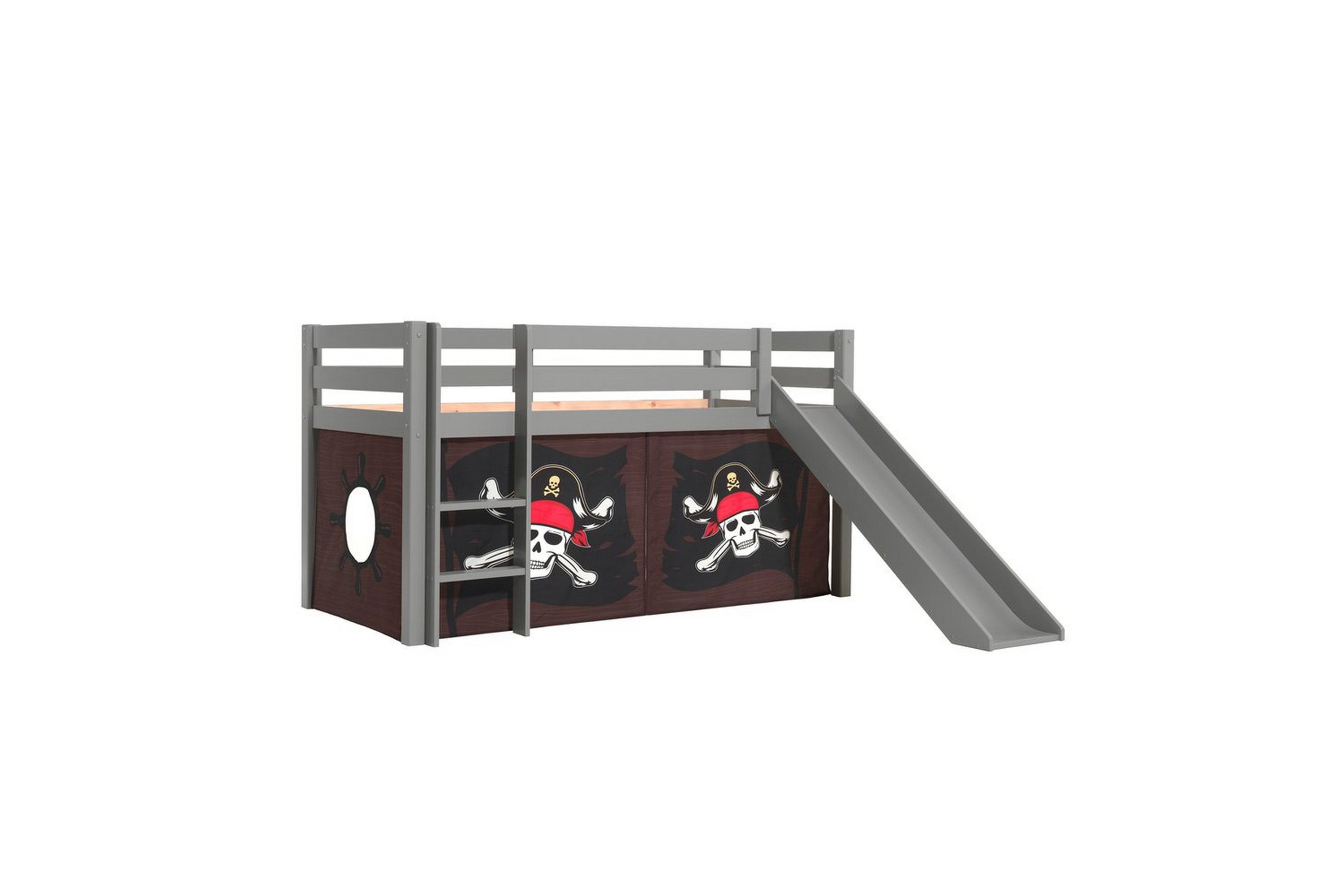 halvhög säng med gardin och rutschkana pino grå, karibiska pirater - grå, karibiska pirater