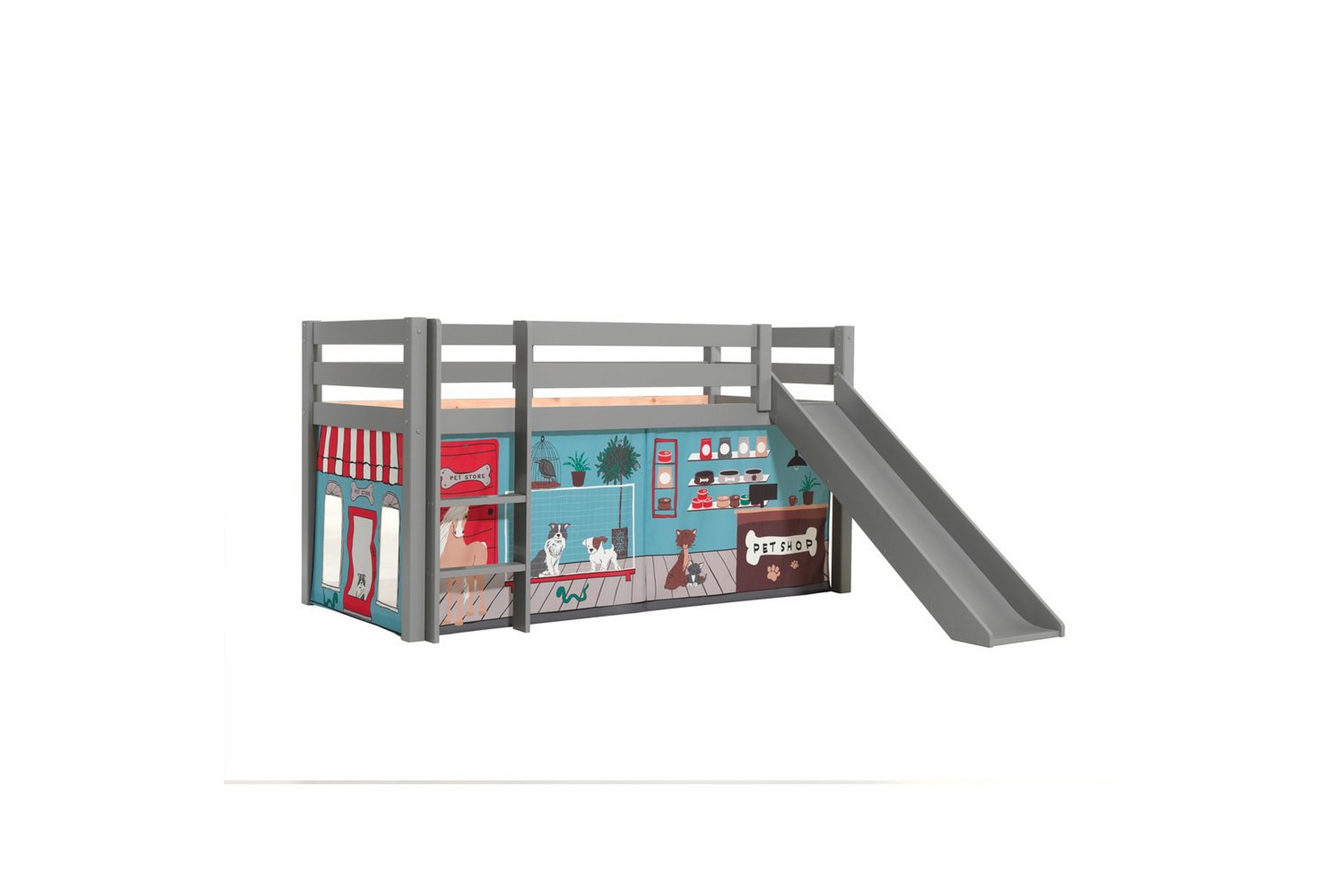 halvhög säng med gardin och rutschkana pino grå, husdjursaffär - grå, husdjursaffär