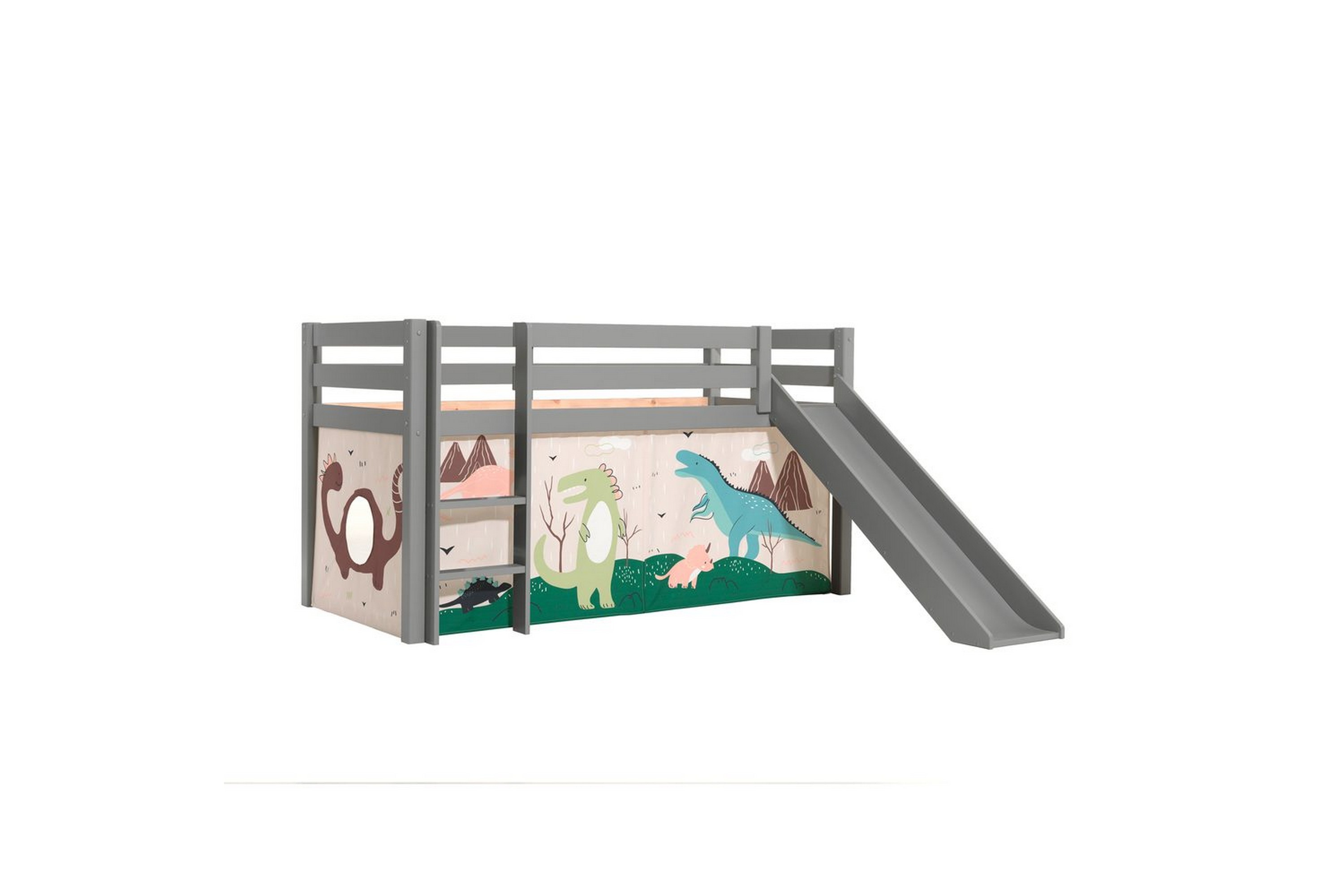 halvhög säng med gardin och rutschkana pino grå, dino - grå, dino