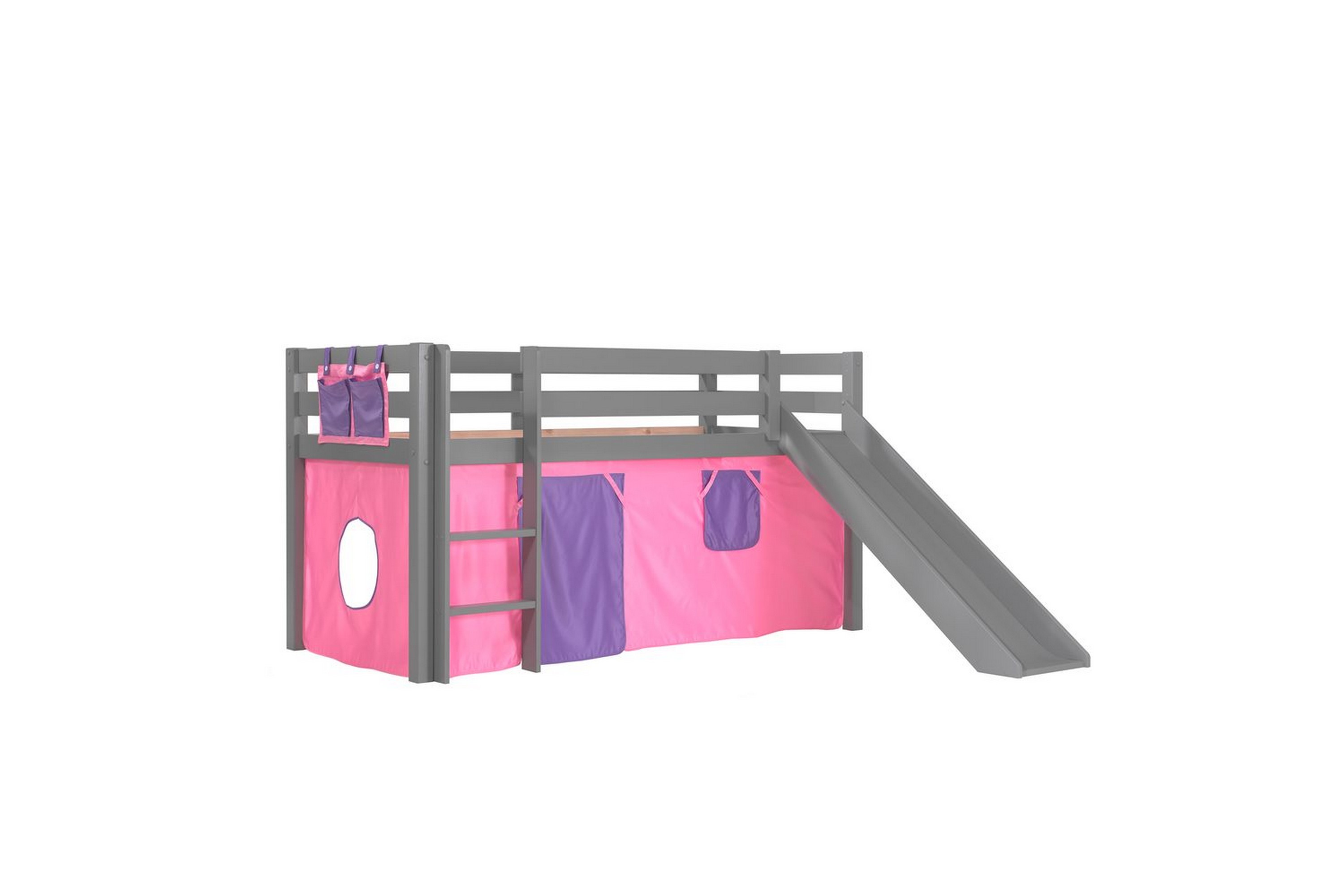 halvhög säng med gardin och rutschkana pino grå, bella - grå, bella