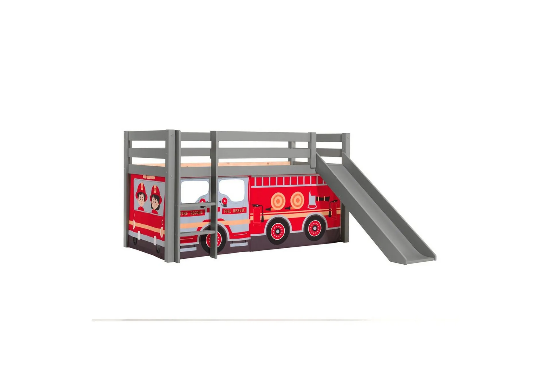 Halvh&ouml;g S&auml;ng med gardin och rutschkana Pino Gr&aring;, Brandbil - Gr&aring;, Brandbil