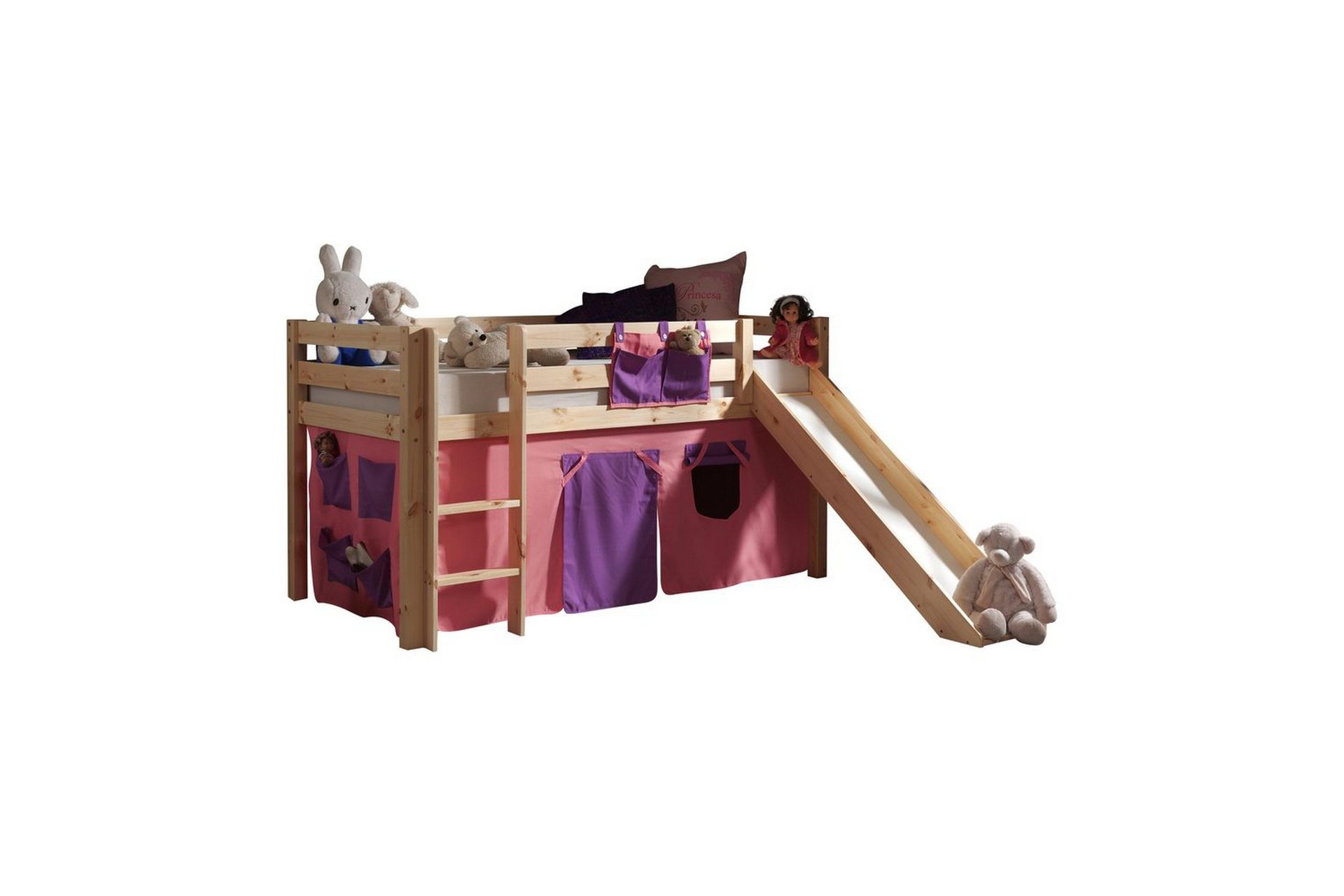 Halvh&ouml;g S&auml;ng med gardin och rutschkana Pino Naturlig, Bella - Naturlig, Bella