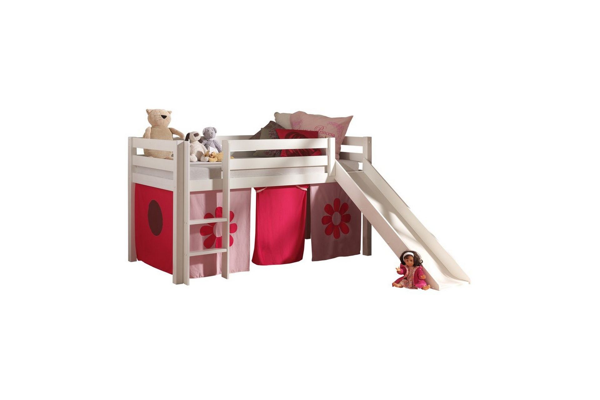 Halvh&ouml;g S&auml;ng med gardin och rutschkana Pino Vit, Rosa Blomma - Vit, Rosa Blomma