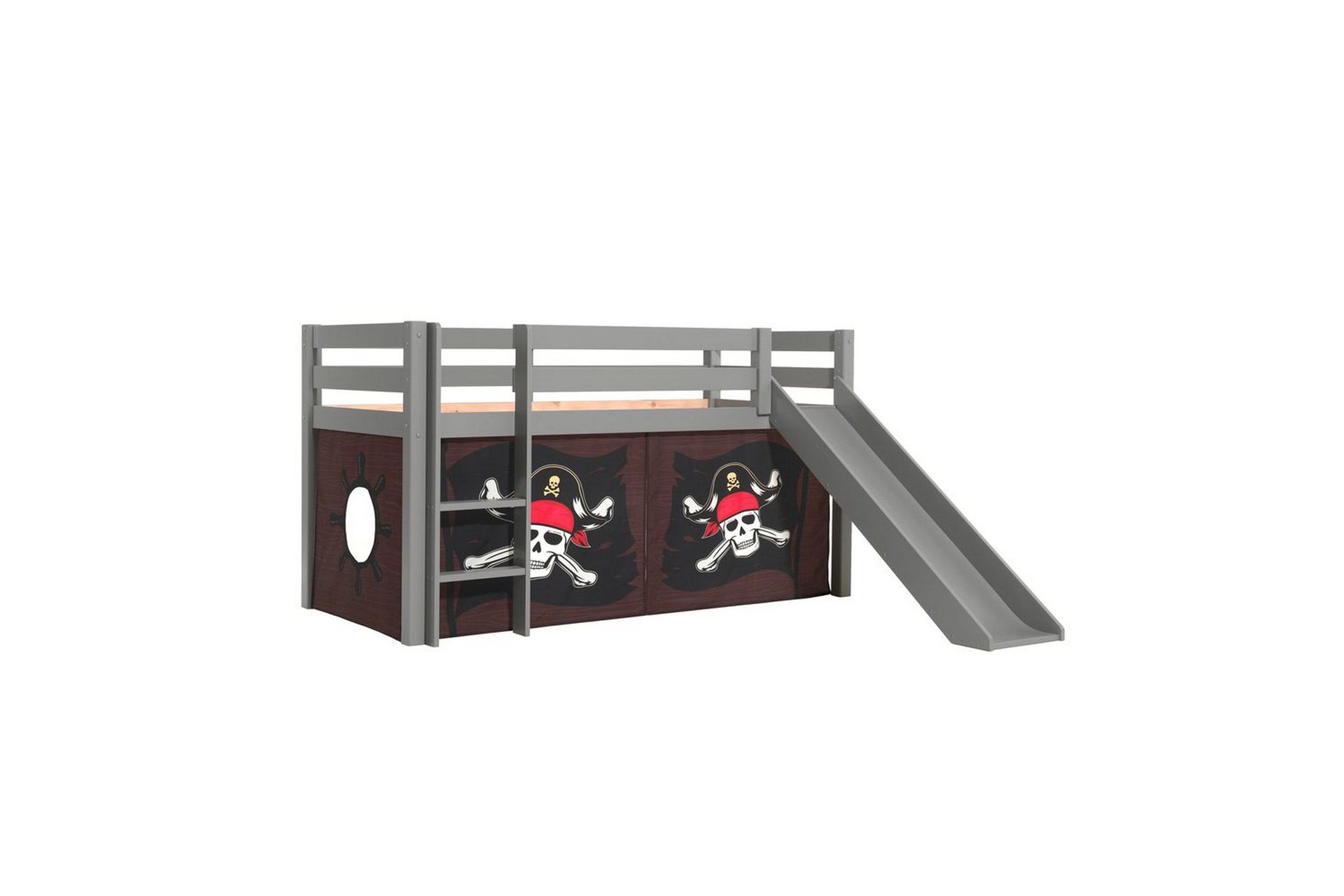 Halvh&ouml;g S&auml;ng med gardin och rutschkana Pino Gr&aring;, Karibiska Pirater - Gr&aring;, Karibiska Pirater