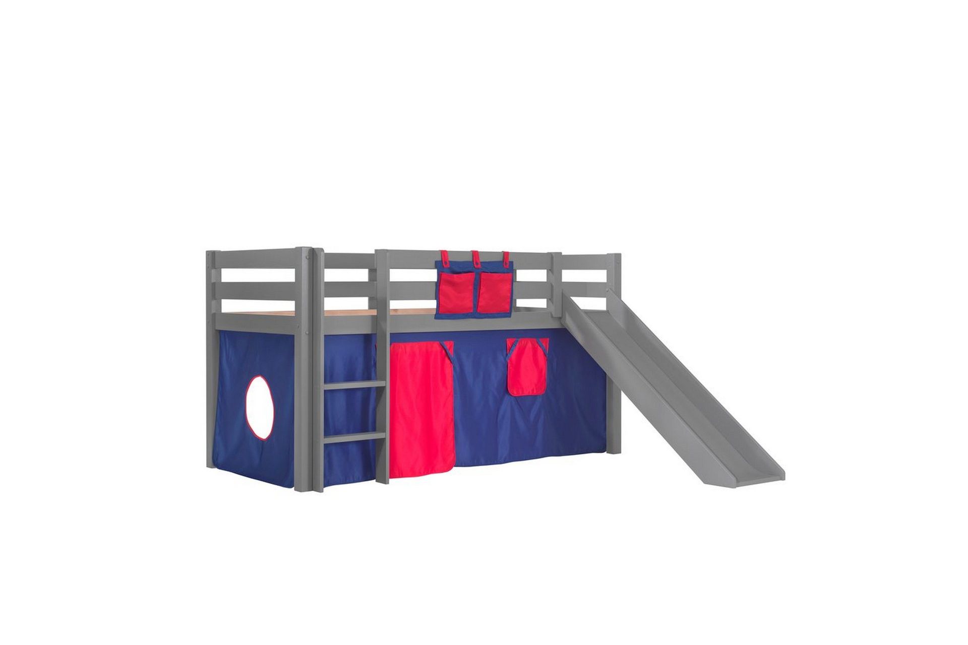 Halvh&ouml;g S&auml;ng med gardin och rutschkana Pino Gr&aring;, Domino - Gr&aring;, Domino