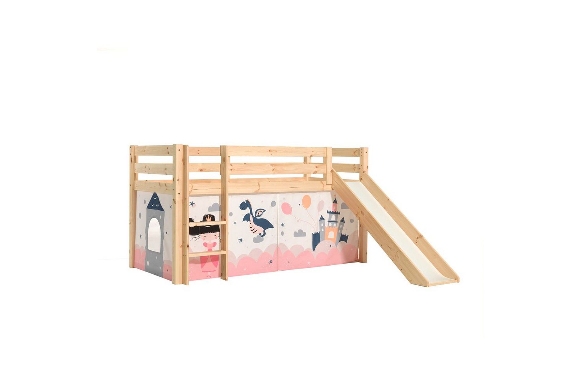 Halvh&ouml;g S&auml;ng med gardin och rutschkana Pino Naturlig, Prinsessa sophie - Naturlig, Prinsessa sophie