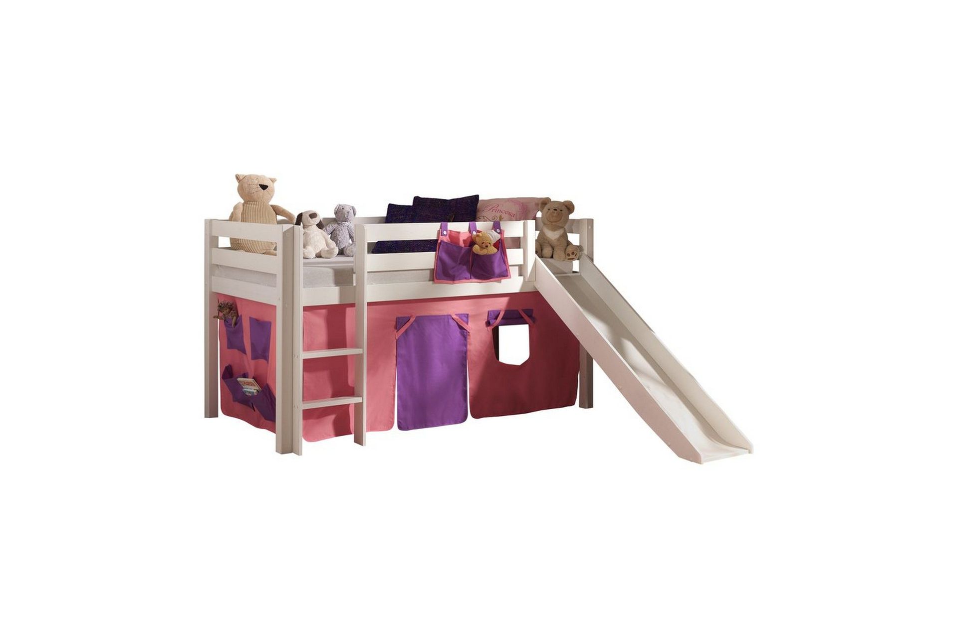 halvhög säng med gardin och rutschkana pino vit, bella - vit, bella