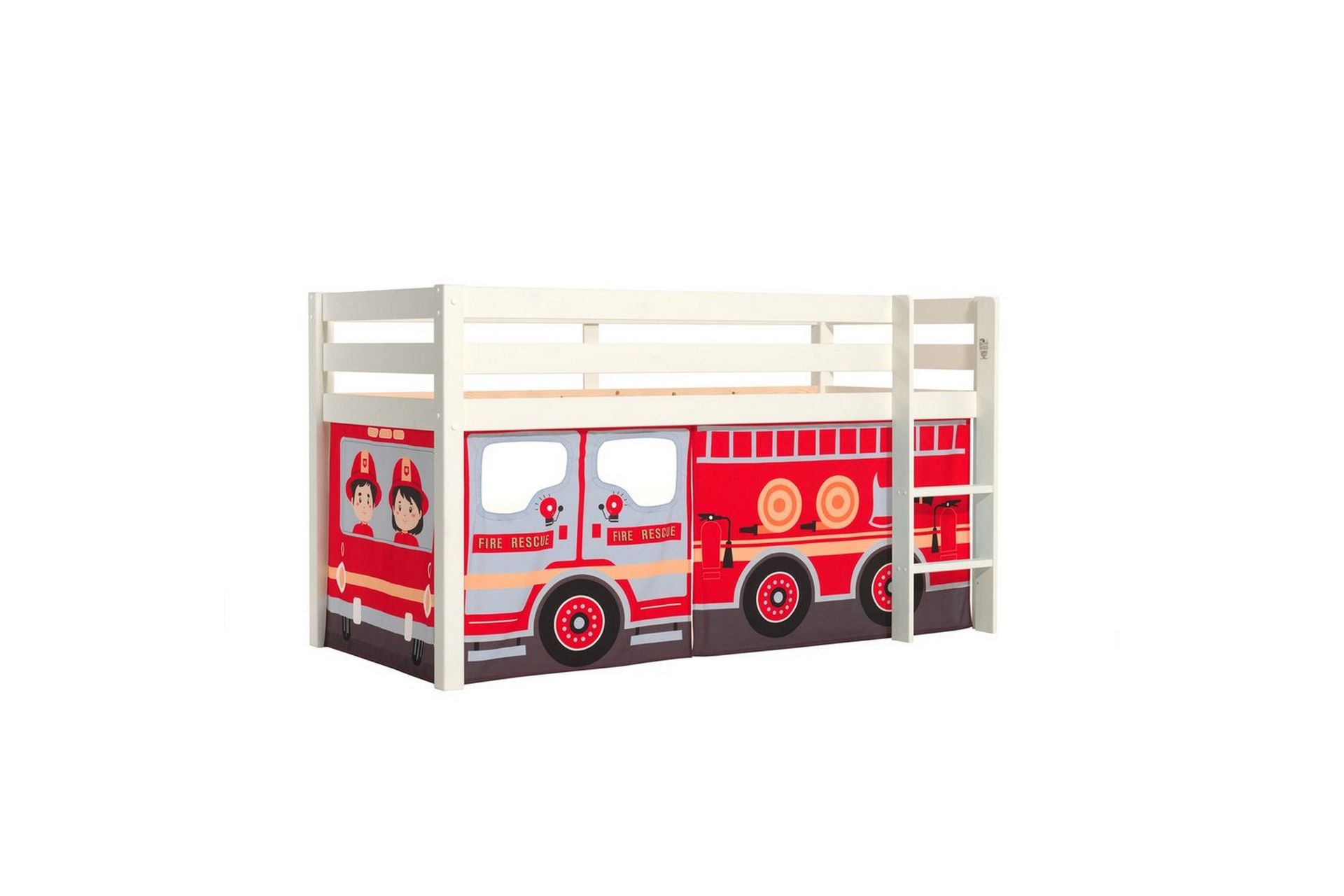 Halvh&ouml;g S&auml;ng med gardin Pino Vit, Brandbil - Vit, Brandbil