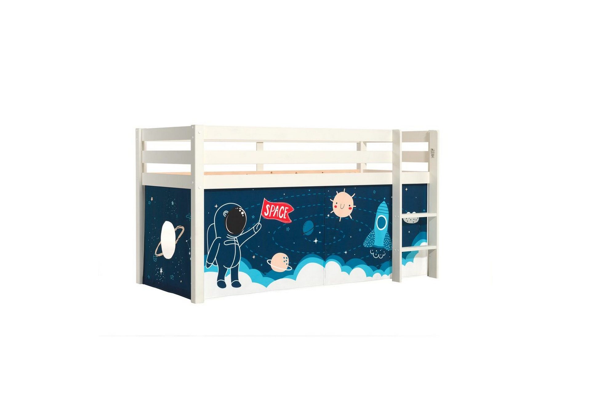 halvhög säng med gardin pino vit, rymdfärja - vit, rymdfärja