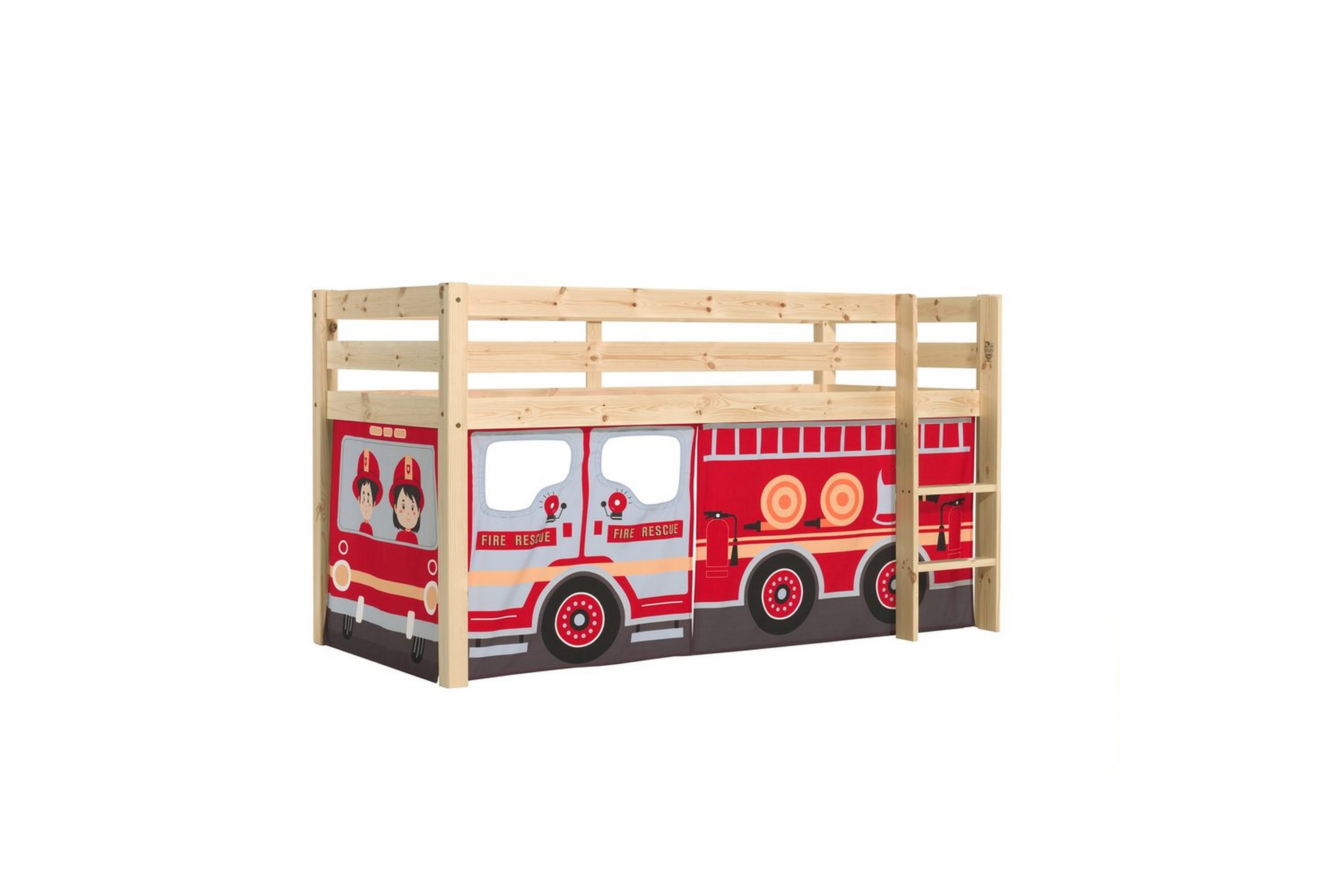 halvhög säng med gardin pino naturlig, brandbil - naturlig, brandbil