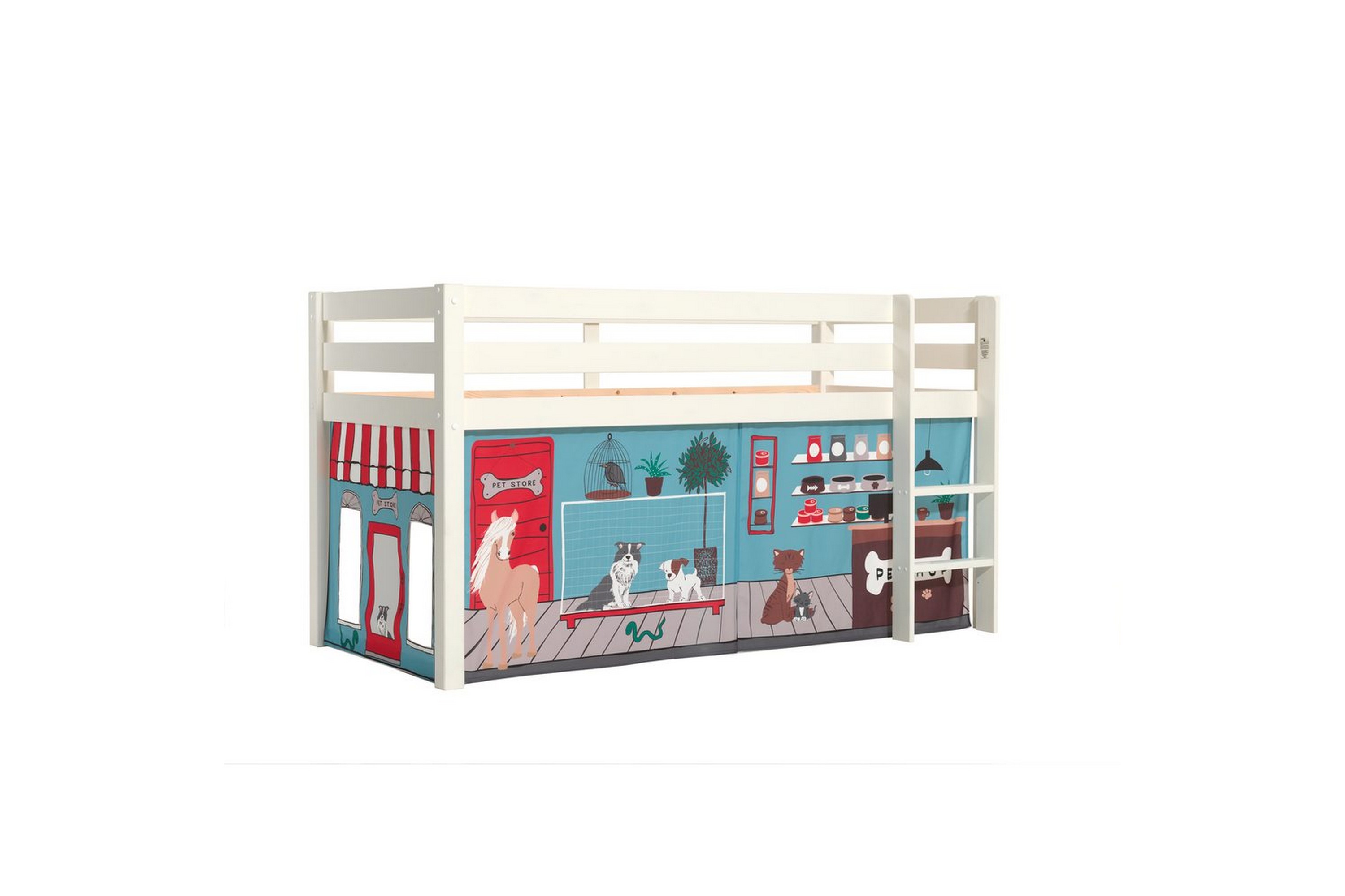 halvhög säng med gardin pino vit, husdjursaffär - vit, husdjursaffär