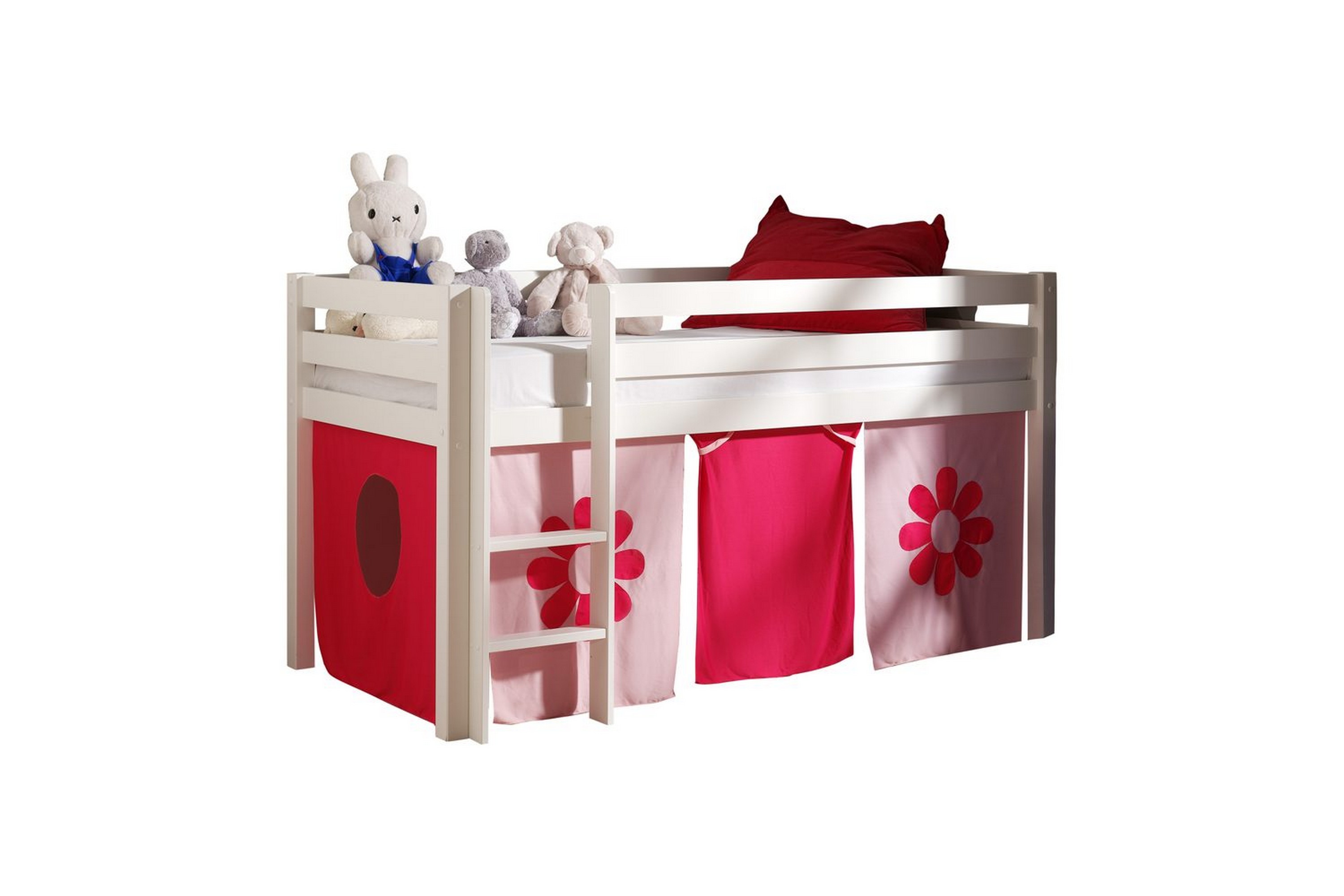 halvhög säng med gardin pino vit, rosa blomma - vit, rosa blomma