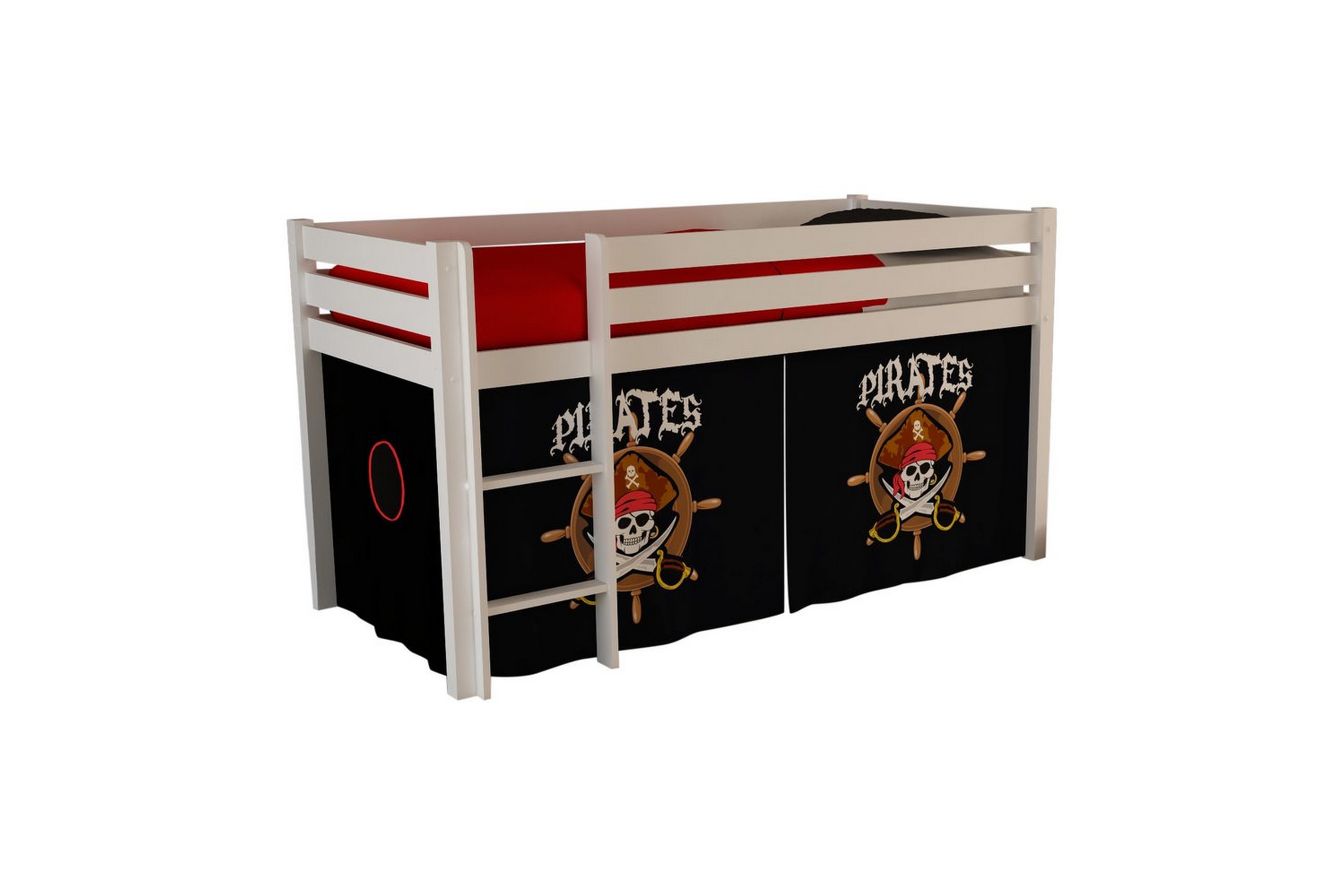 halvhög säng med gardin pino vit, pirat - vit, pirat