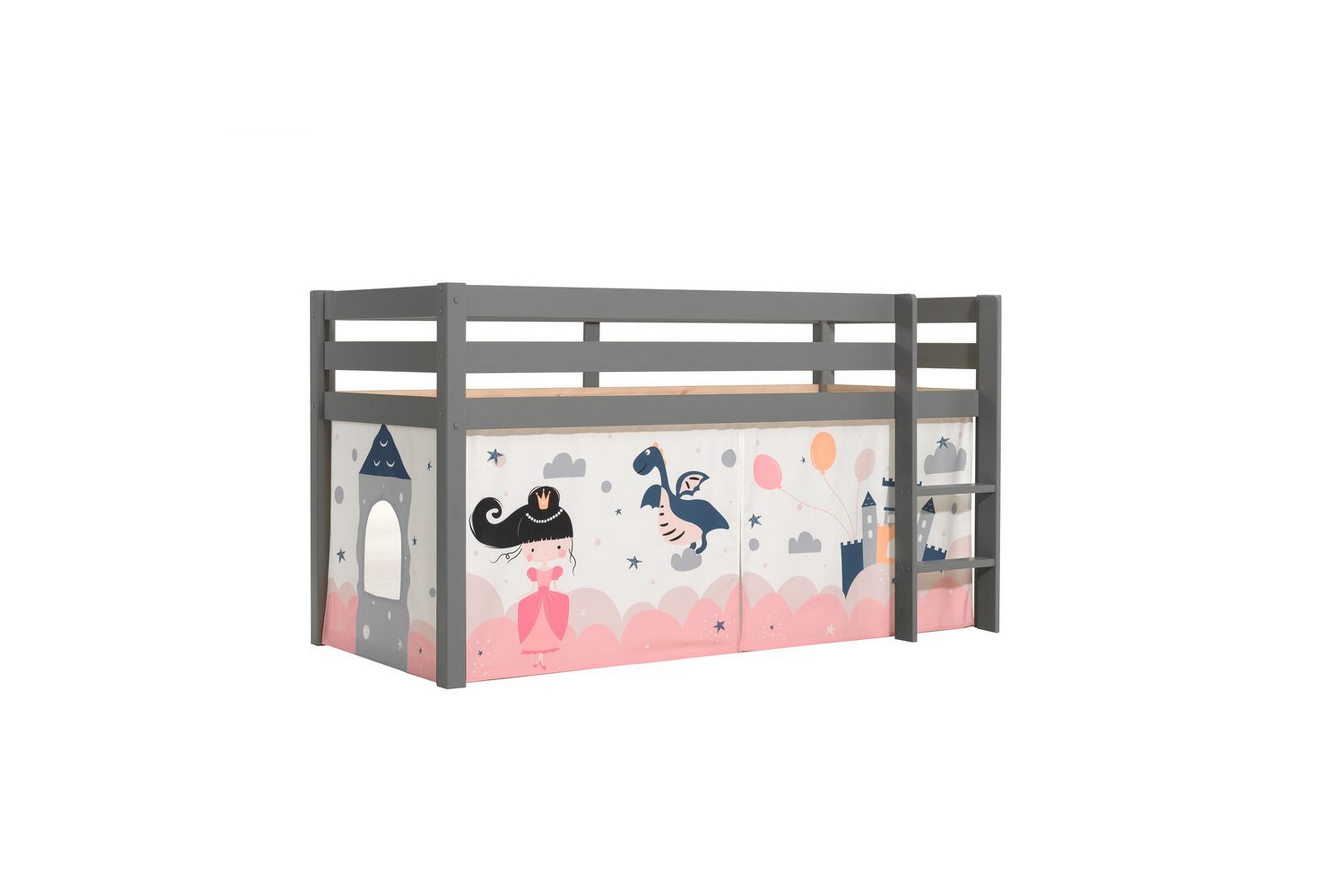 halvhög säng med gardin pino grå, prinsessa sophie - grå, prinsessa sophie