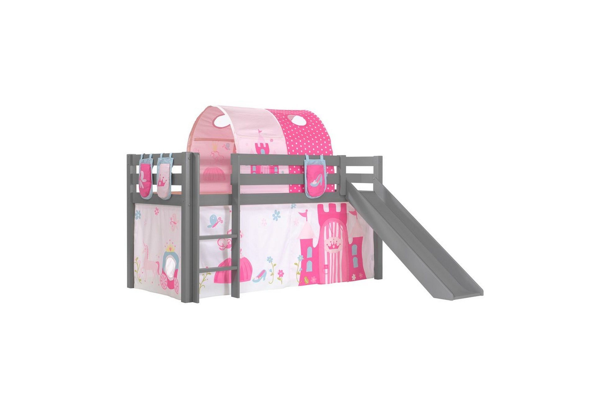 Halvh&ouml;jdss&auml;ng med gardin Pino Princess Gr&aring;, Gr&aring;, Med rutschkana, Prinsessa, 3 - Gr&aring;, Gr&aring;, Med rutschkana, Prinsessa, 3