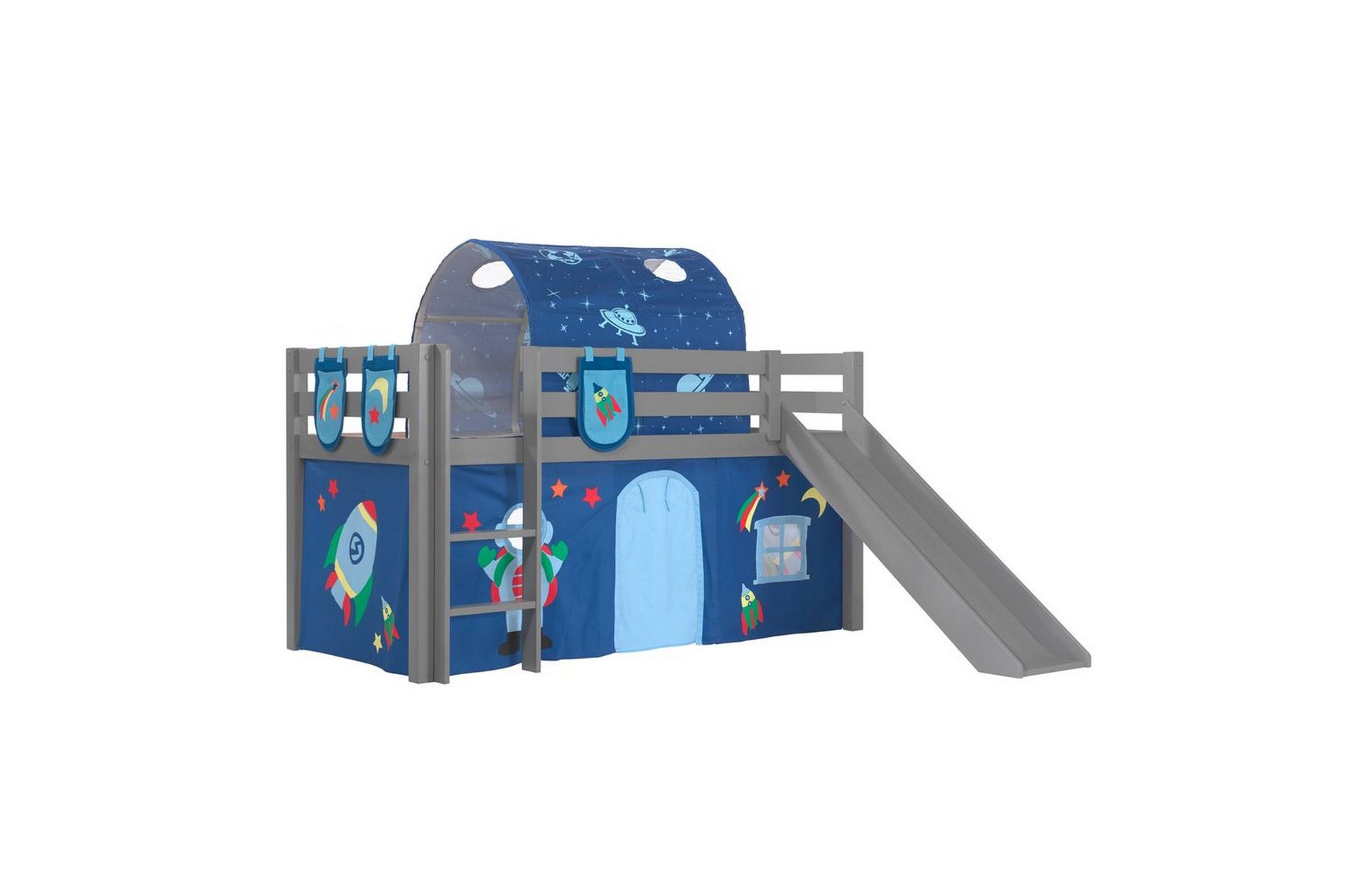 Halvh&ouml;jdss&auml;ng med gardin Pino Astro Gr&aring;, Gr&aring;, Med rutschkana, Med tunnel, 3 - Gr&aring;, Gr&aring;, Med rutschkana, Med tunnel, 3