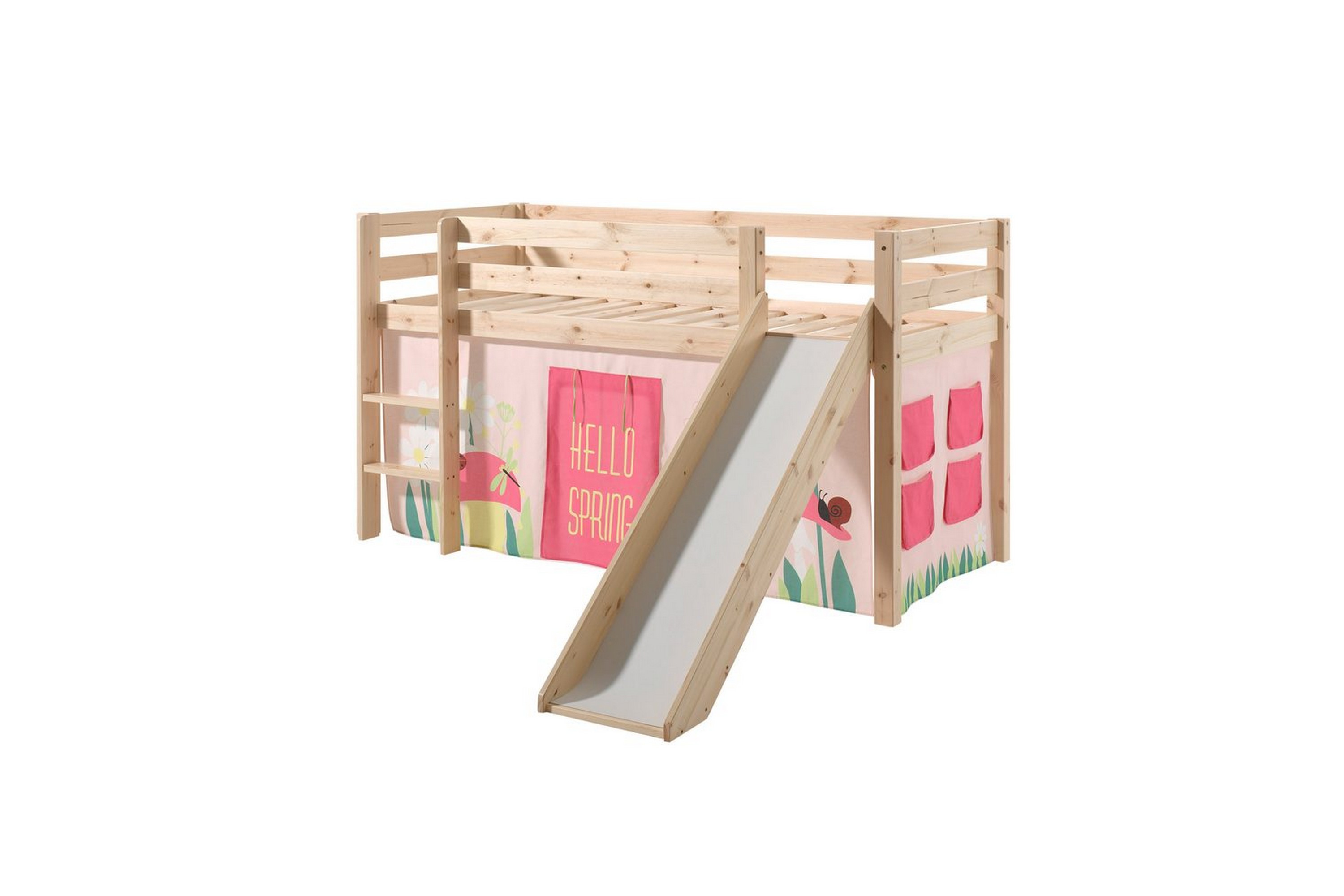 halvhöjdssäng med gardin pino spring naturlig, naturlig, med rutschkana, utan tunnel, utan fickor - naturlig, naturlig, med rutschkana, utan tunnel, utan fickor